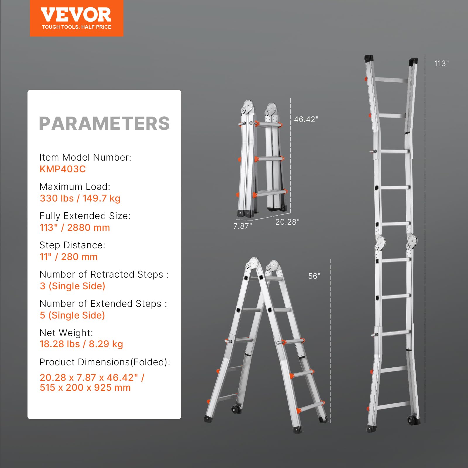 VEVOR Scala Telescopica Telaio a Forma di A, Scala Estensibile Compatta in Alluminio Carico 149,7 kg, Scala Pieghevole Portatile Multifunzione per Camper, Scala Telescopica per Scale Tetto Casa