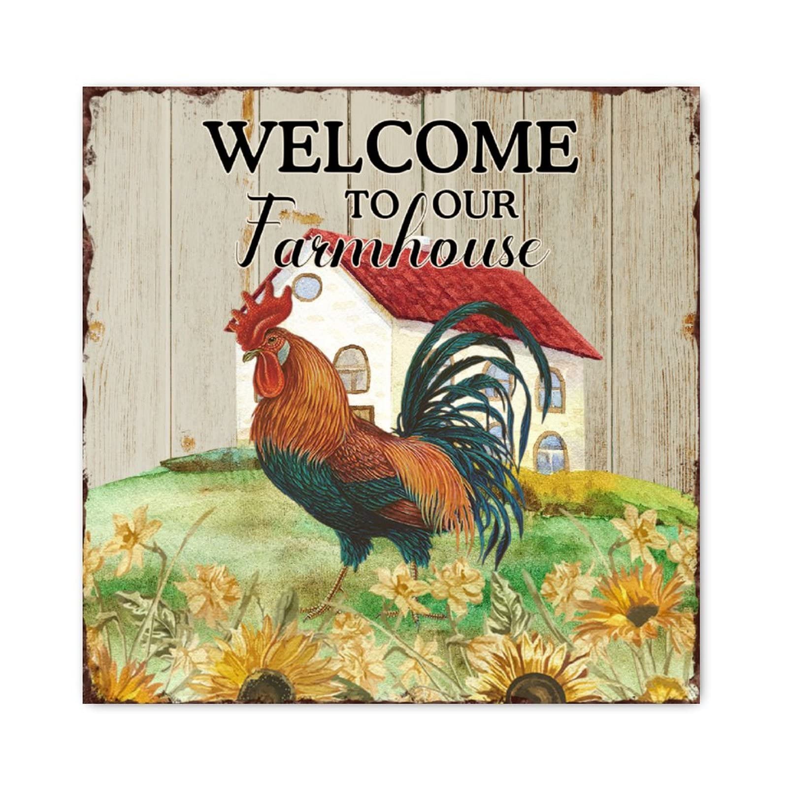 Tableau rustique en bois grange rouge et poulet déco murale rétro haut de gamme