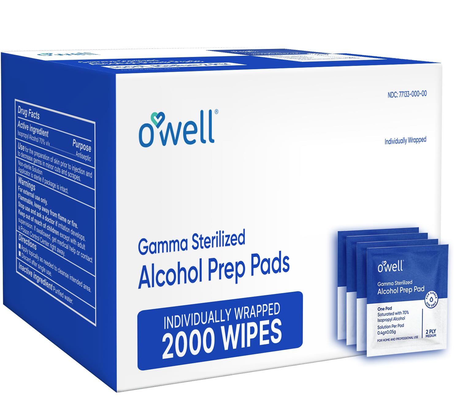 OWELL Prep Pads - 2000 Individually Wrapped Sterile Alcohol Wipes, Medium 2-Ply Antiseptic Wipes for Disinfecting Skin, First Aid Kit Alcohol Swabs (