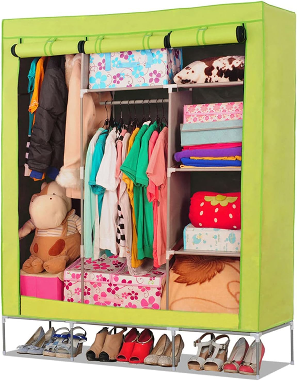 Armoire en toile de rangement avec penderie 3 compartiments ouverts