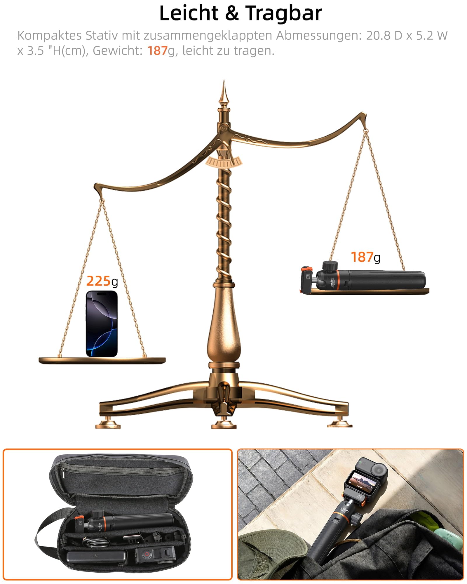 54,5 cm Selfie Stick Stativ für DJI Osmo Nano/Osmo Action 6, 2-in-1 Kleines Tischstativ mit Verlängerungsstab & 360°-Kugelkopf, Ausziehbares Handgriff/Einbeinstativ/Reisen Vlogging Halterung/Zubehör