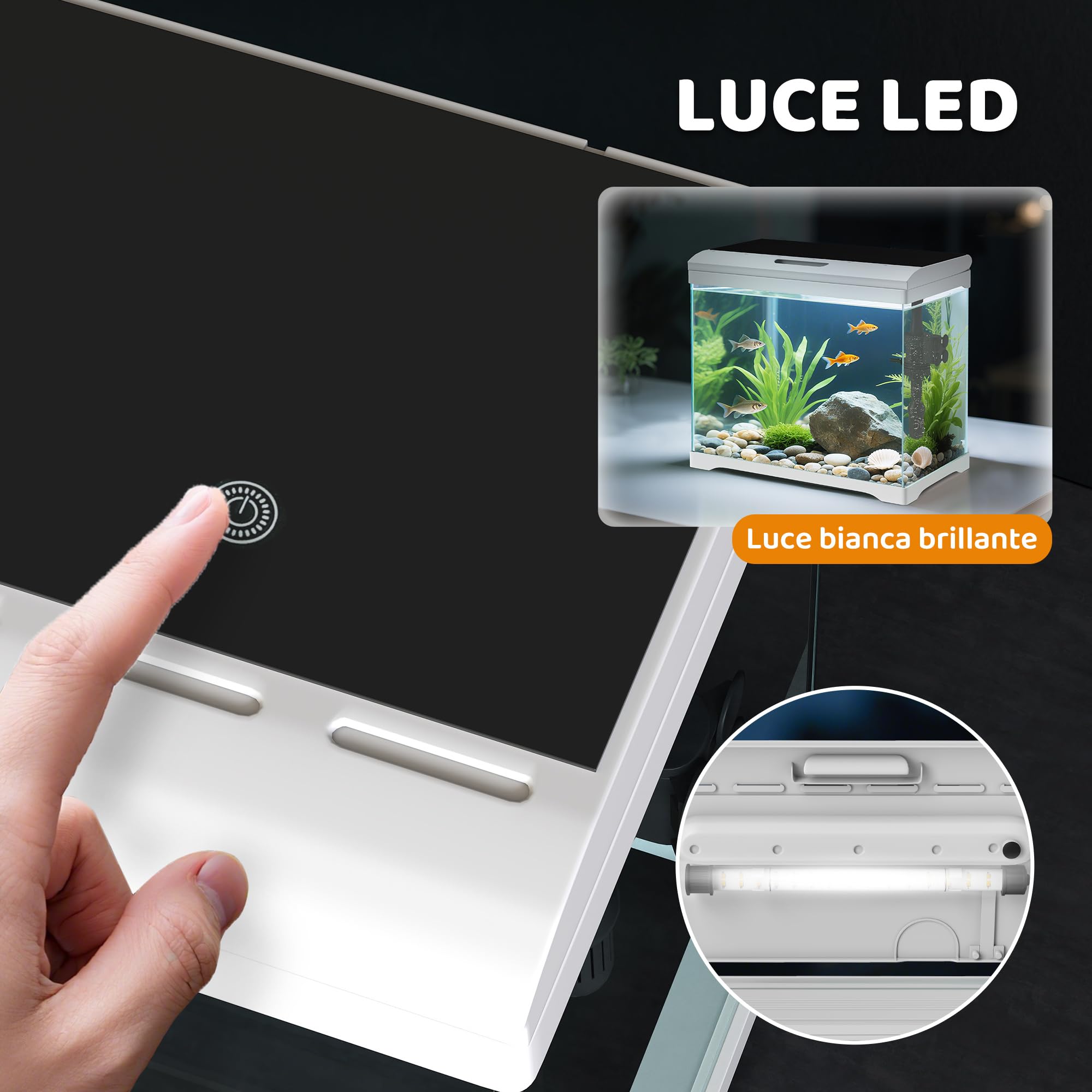 PawHut Acquario in Vetro 17L per Pesci Rossi con Illuminazione LED, Acquario Completo con Pompa d'Acqua e Sistema di Filtraggio, Vaschetta per Pesci Acqua Tropicali 35x21x31 cm Bianco