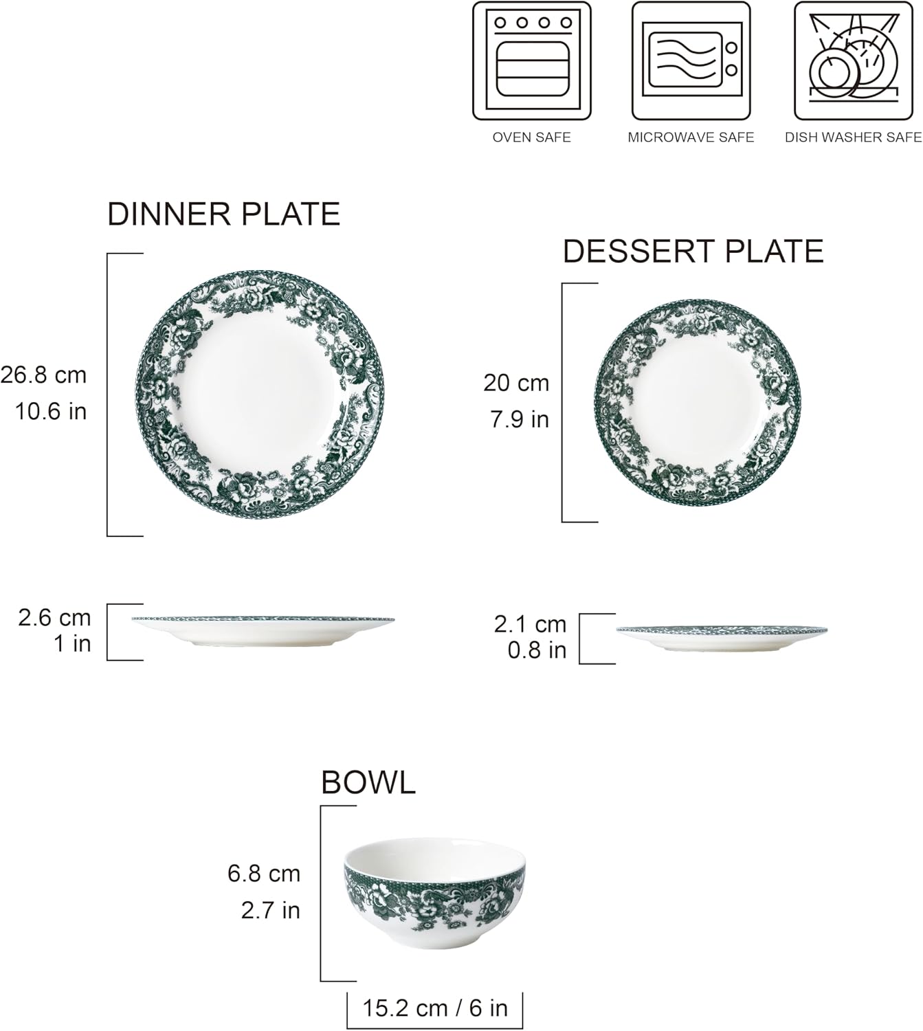 Montana 12-Piece Chip-Resistant Porcelain Dinnerware Set – Service for 4 | Reinforced Scratch-Shield Glaze | Large 25oz Deep Bowls | Elegant Green Floral Border | Dishwasher, Microwave, & Oven Safe