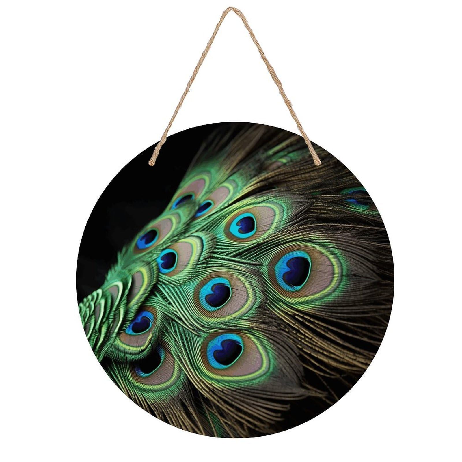 VstaDank Green Peacock Feather Wall Art Decor with Ropes Wooden Hanging Sign Hanging Wall Decor Artwork Round Wood Painting Modern Wall Prints Decor Picture for Office Bar Home Decors