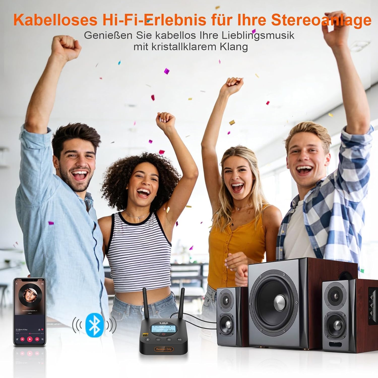 1Mii B06Pro+ Bluetooth 5.3 Empfänger für Stereoanlage, Kabelloser HiFi Audio Adapter mit LDAC & aptX HD, LCD Display & Lautstärkeregler, Optisch & 3,5 mm AUX für Lautsprecher