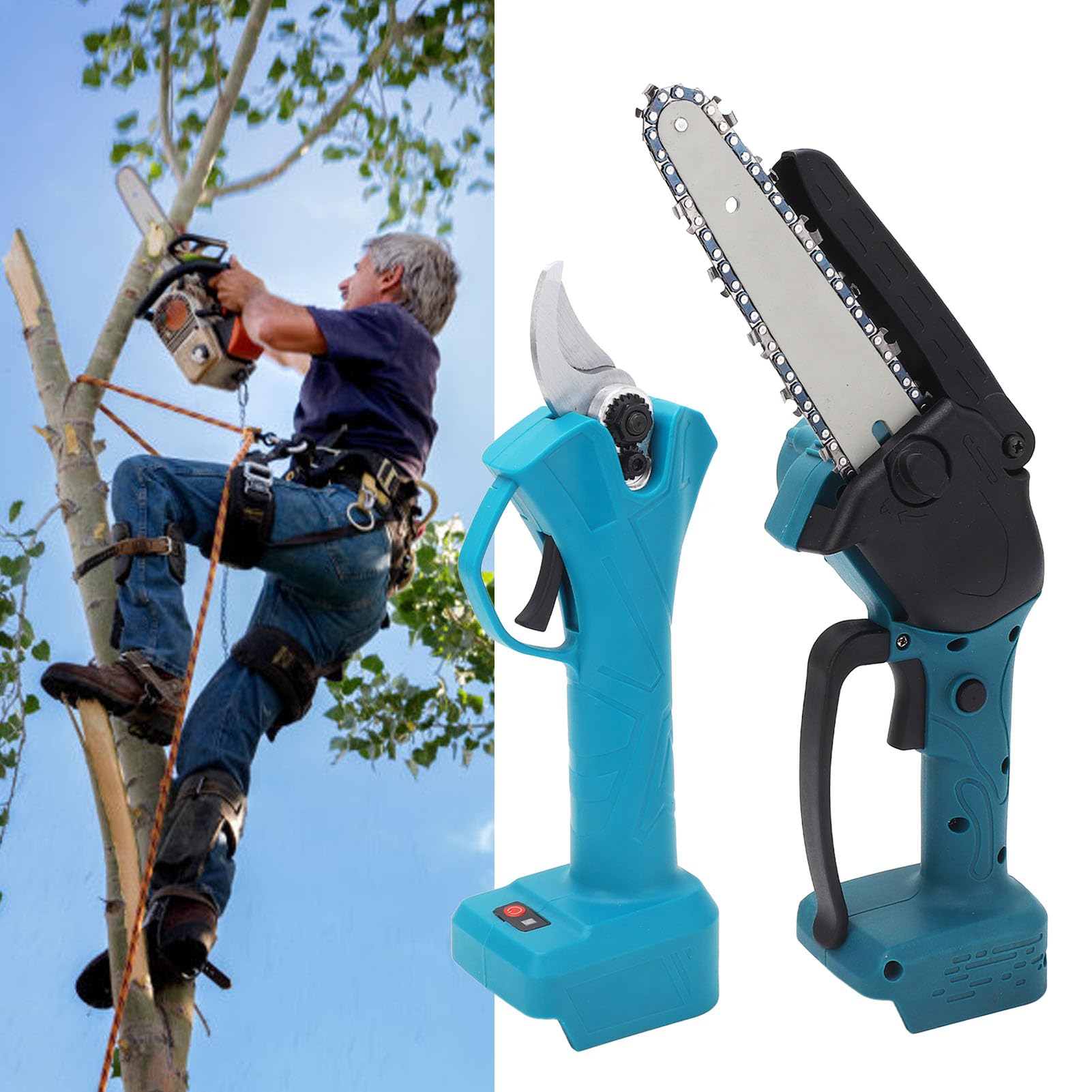 Generic Juego de Minimotosierra y Tijeras de Podar Inalámbricas, Herramientas de Corte Eléctricas Compactas para Uso en Jardín con Hoja SK5 de Poste Extensible