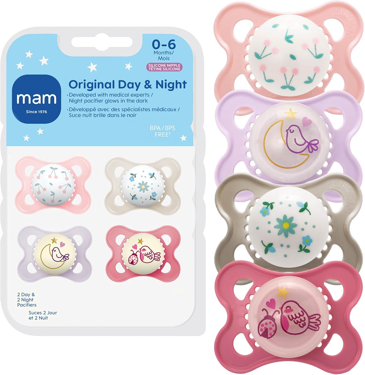 Chupetes originales para bebés de 0 a 6 meses, brillan en la oscuridad, paquete de 4