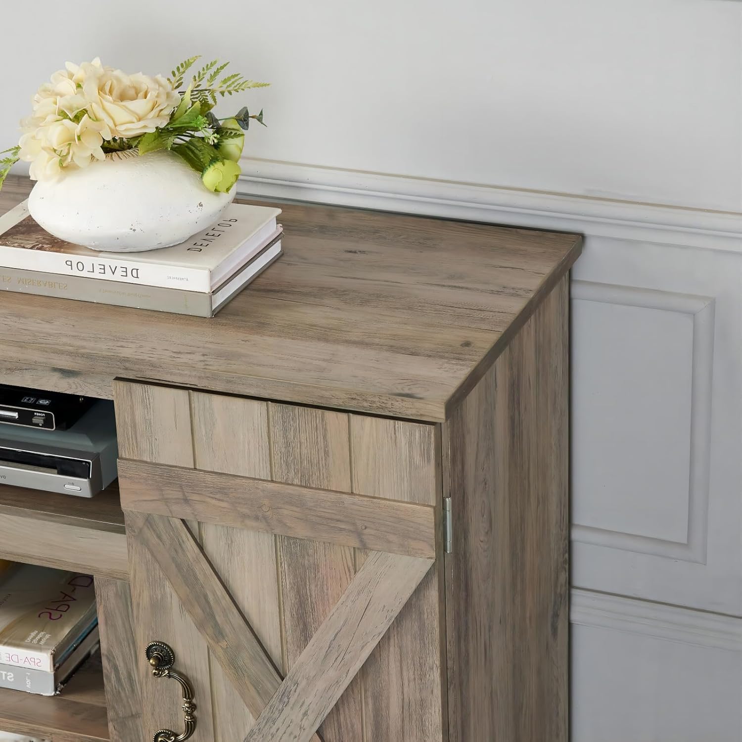 47" TV Stand for TVs up to 50", Entertainment Center with Barn Door,TV Console Table with Storage Shelves for Living Room Bedroom, Gray Wash