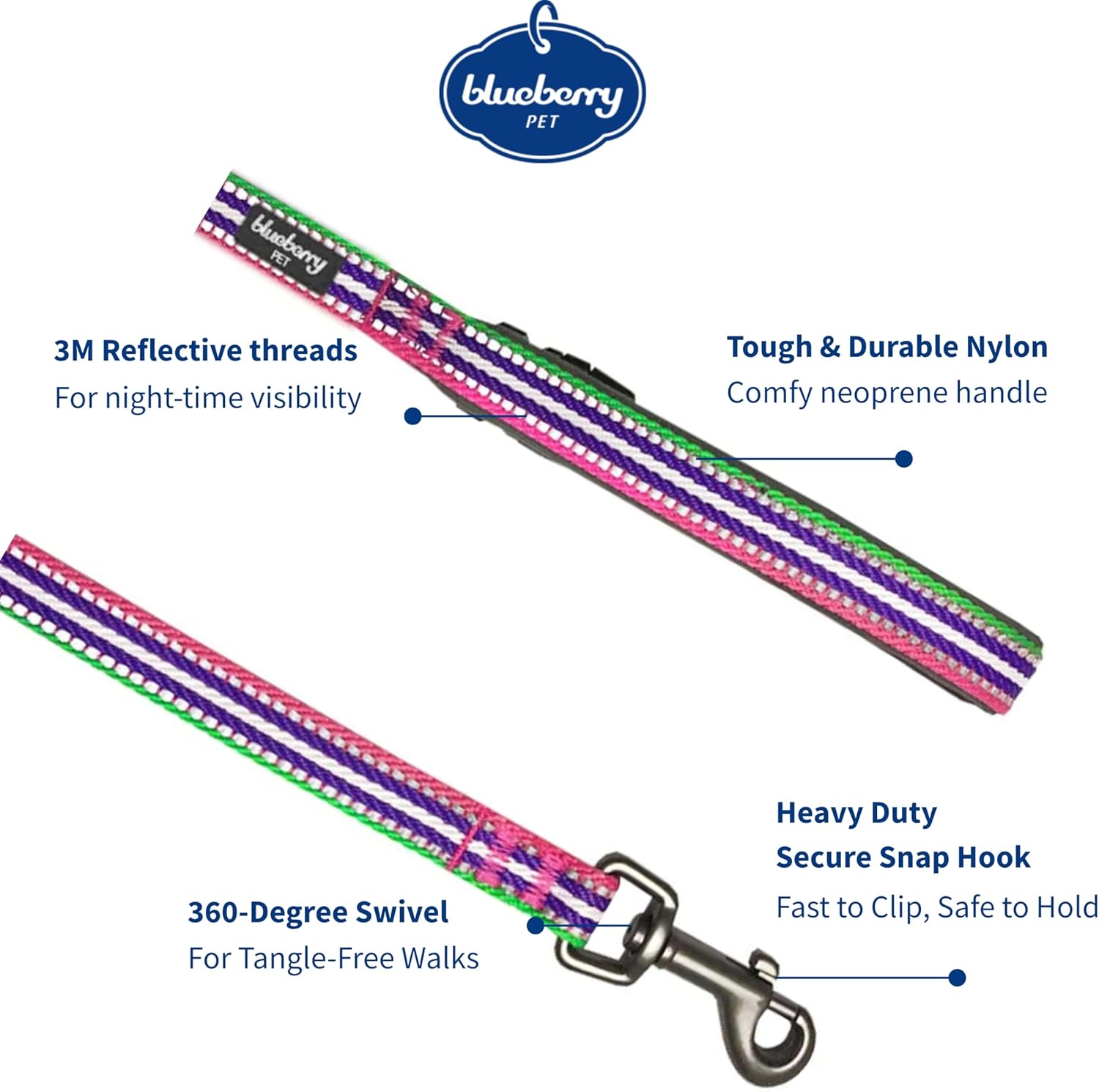 Blueberry Pet Reflective Dog Leash - Puppy Essentials, Gentle Leader for Dogs, Reflective Dog Collar & Leash, Eco-Friendly, Durable Nylon, Comfortable Handle for Active Pet Parents & Dogs that Pull