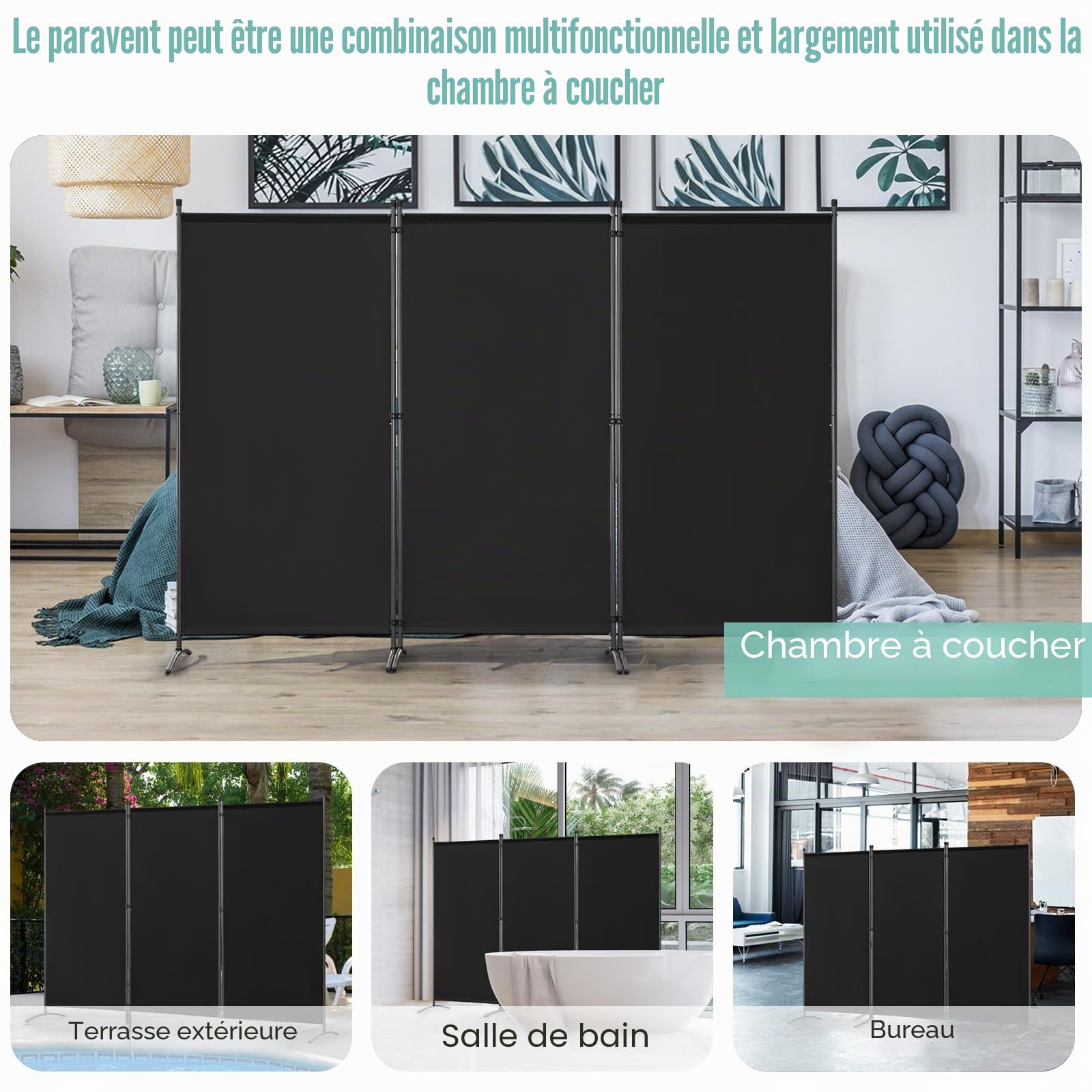 Angel Living Paravent de Protection à 3 Panneaux, séparateur de pièce Pliable pour Salon, Jardin, extérieur (Noir, 243 x 169 cm)
