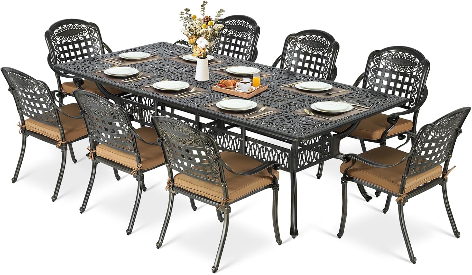 MEETWARM 9-Piece Outdoor Patio Dining Set for 8, All Weather Cast Aluminum Patio Funiture Table and Chairs Set- 94.5” Rectangular Table and 8 Cushioned Chairs for Garden, 2" Umbrella Hole, Khaki