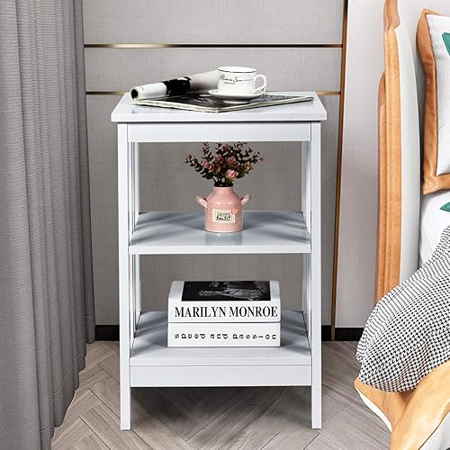 Miniatura 4 de Giantex Mesita de noche de 3 niveles con barras reforzadas y estructura estable, soporte de almacenamiento multifuncional para dormitorio, sala de