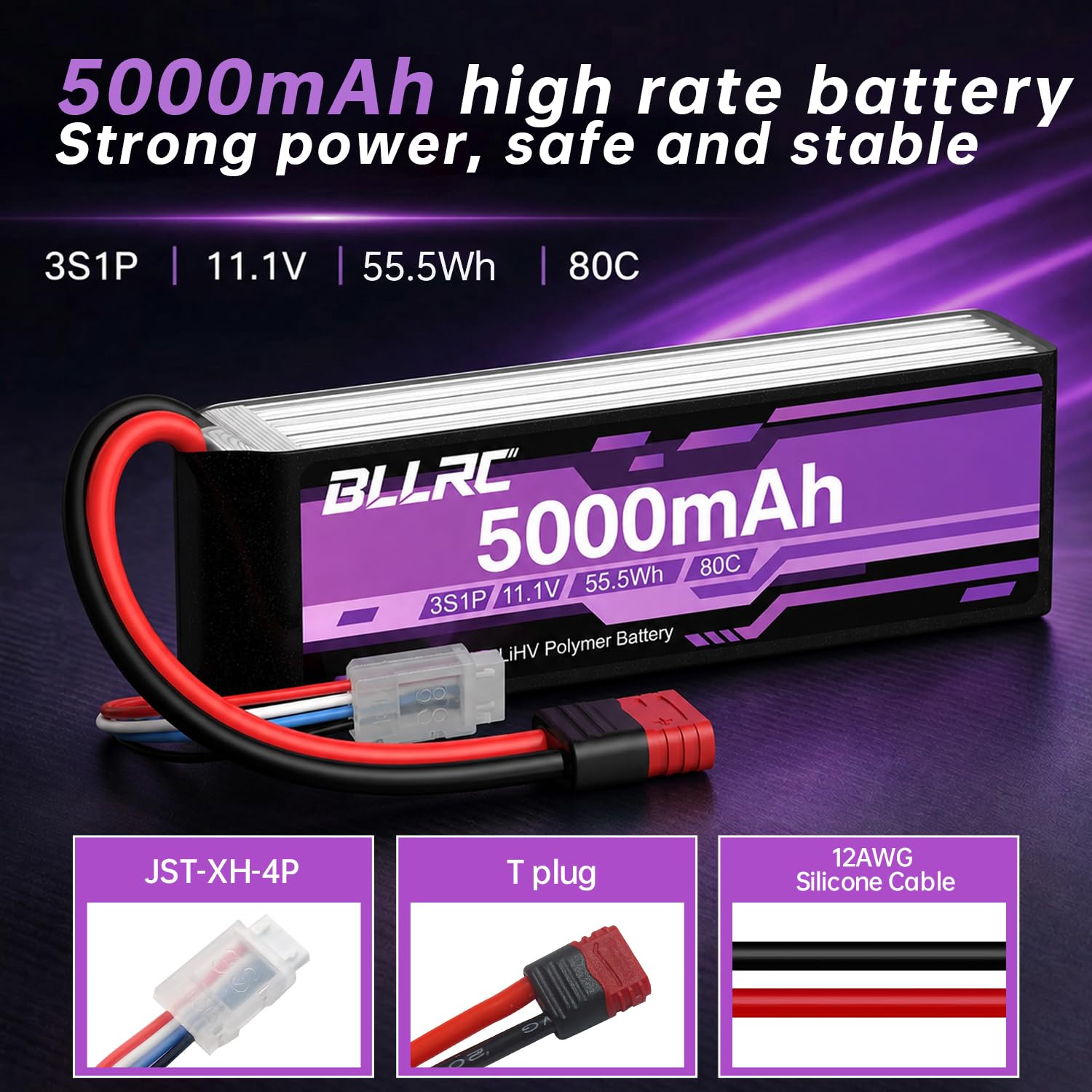 1PCS 11.1V 5000mah 3S 80C Lipo batería con Conector T para Coches RC, vehículos Todoterreno, cuatrocópteros y Drones