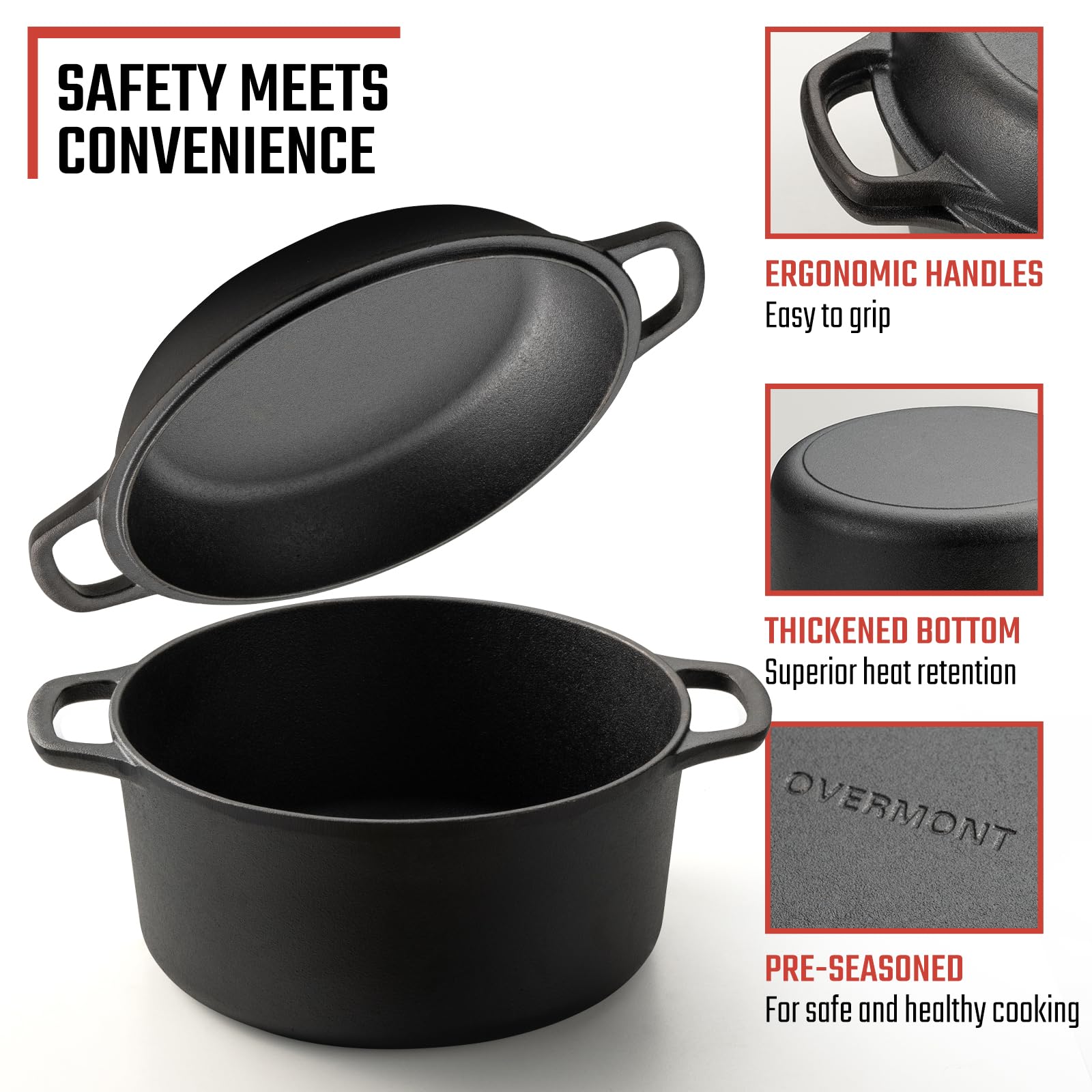 Overmont 2 in 1 Pentola Olandese In Ghisa - Padella Casseruola in Ghisa Pre-stagionato con Coperchio - Doppia Funzione Dutch Oven - per Campeggio Cucina Casalinga BBQ Bake - 6.6 L/ 7 Quart