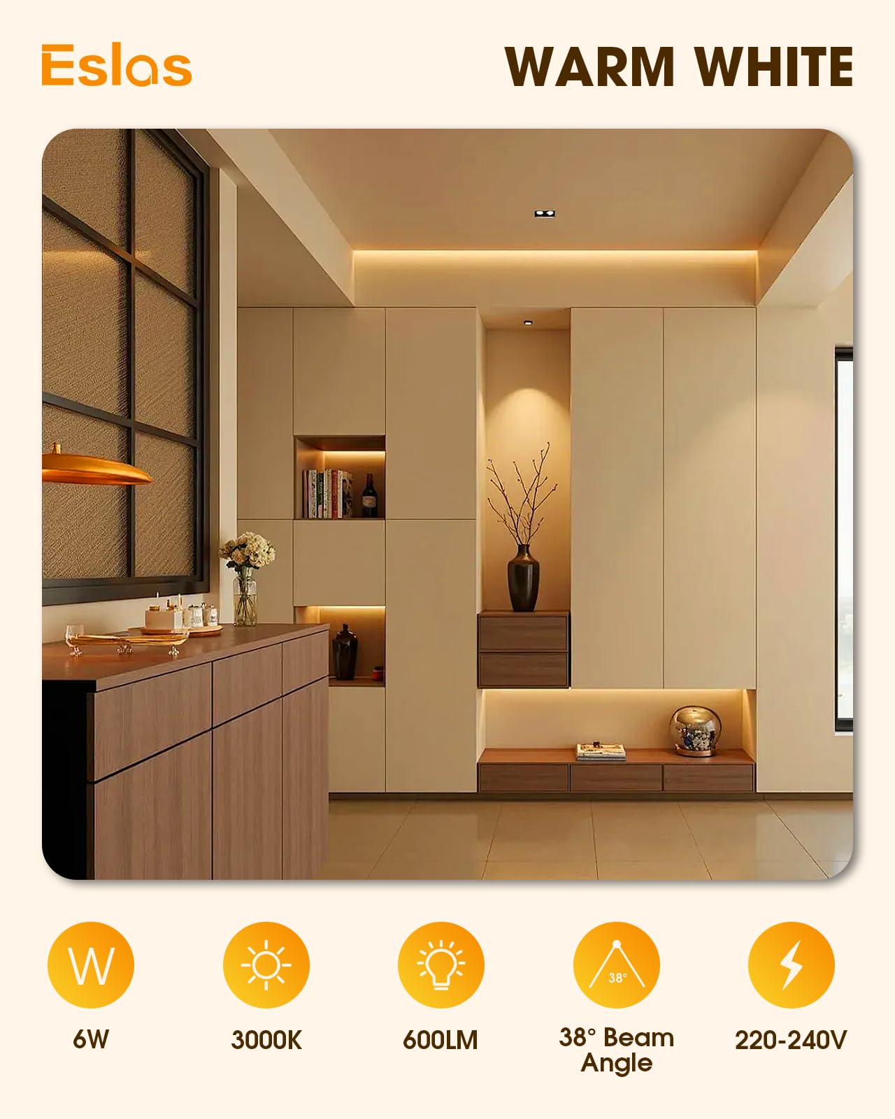 Eslas Gu10 LED Bulbs Warm White 3000K 6W 600Lm, 60 Watts Equivalent Energy Saving Bulbs - Image 2