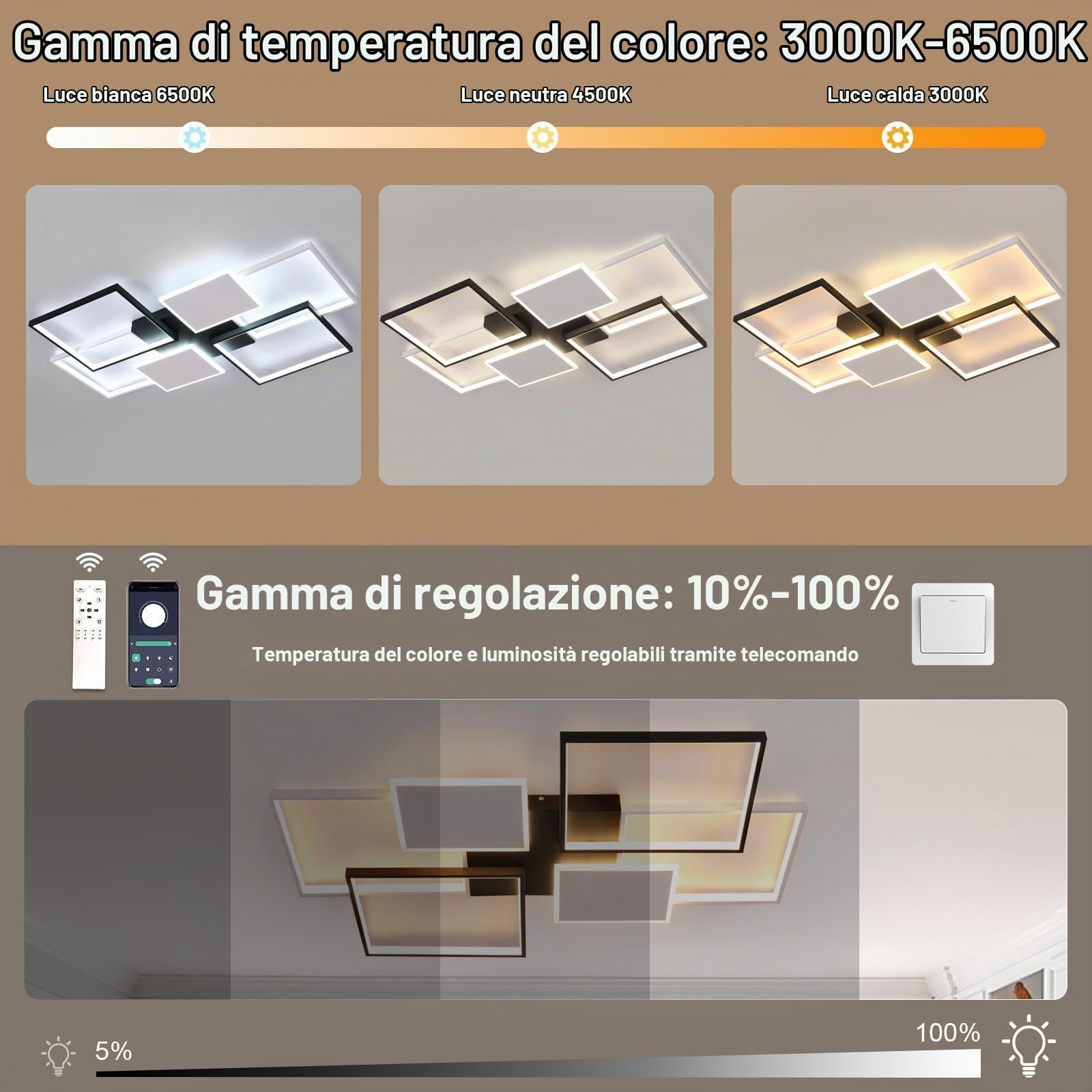 Plafoniera LED da Soffitto 110CM, 72W 8100LM Lampada Dimmerabile con Telecomando, 3000K-6000K, per Camera da Letto, Cucina, Soggiorno, Studio, Nero+Bianco