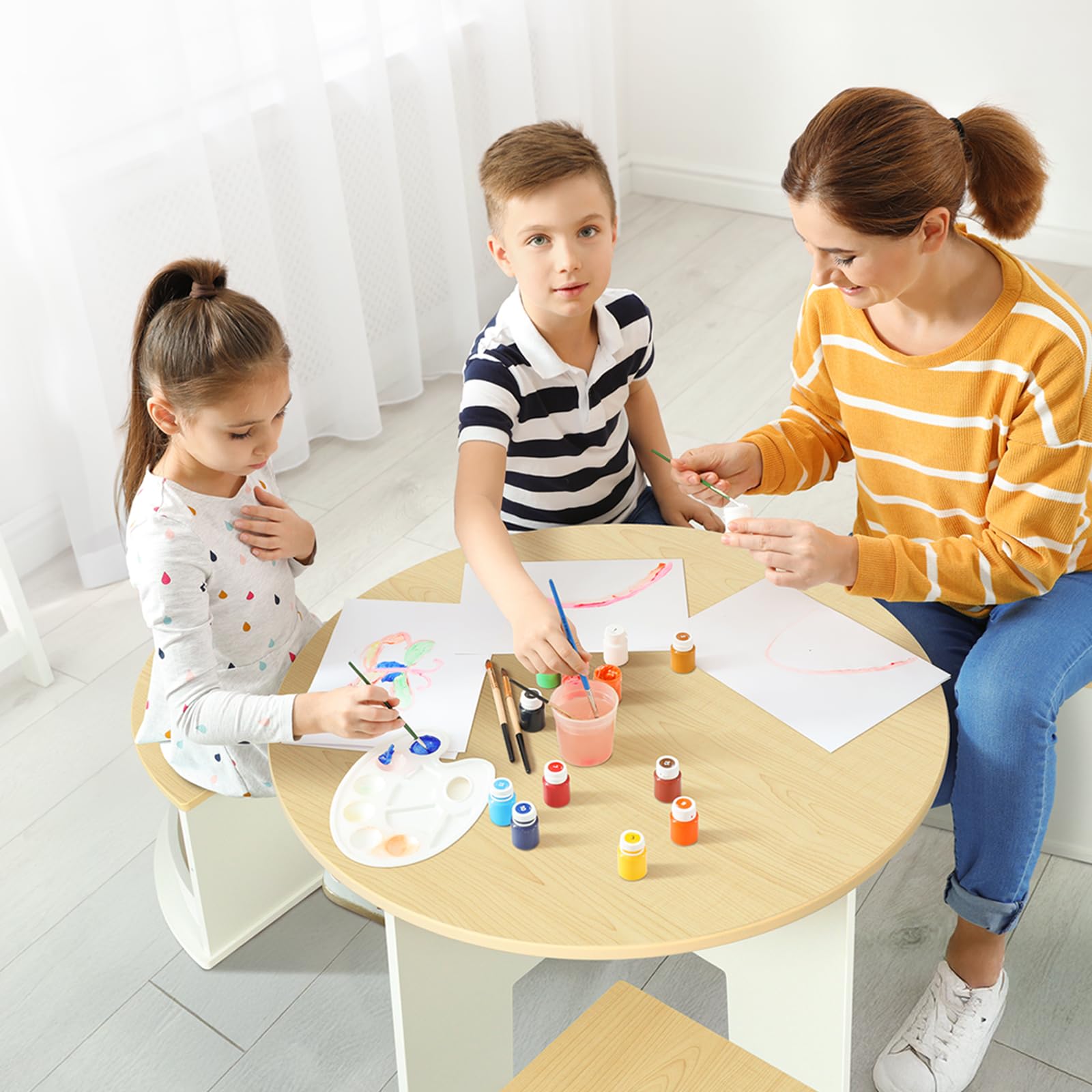 OOOK Table Enfant avec 4 Chaise, Table Ronde en Bois avec 4 tabourets à Rangement, Tables et chaises pour Enfants dédiés à l'art, l'artisanat, la Lecture et Les Jeux