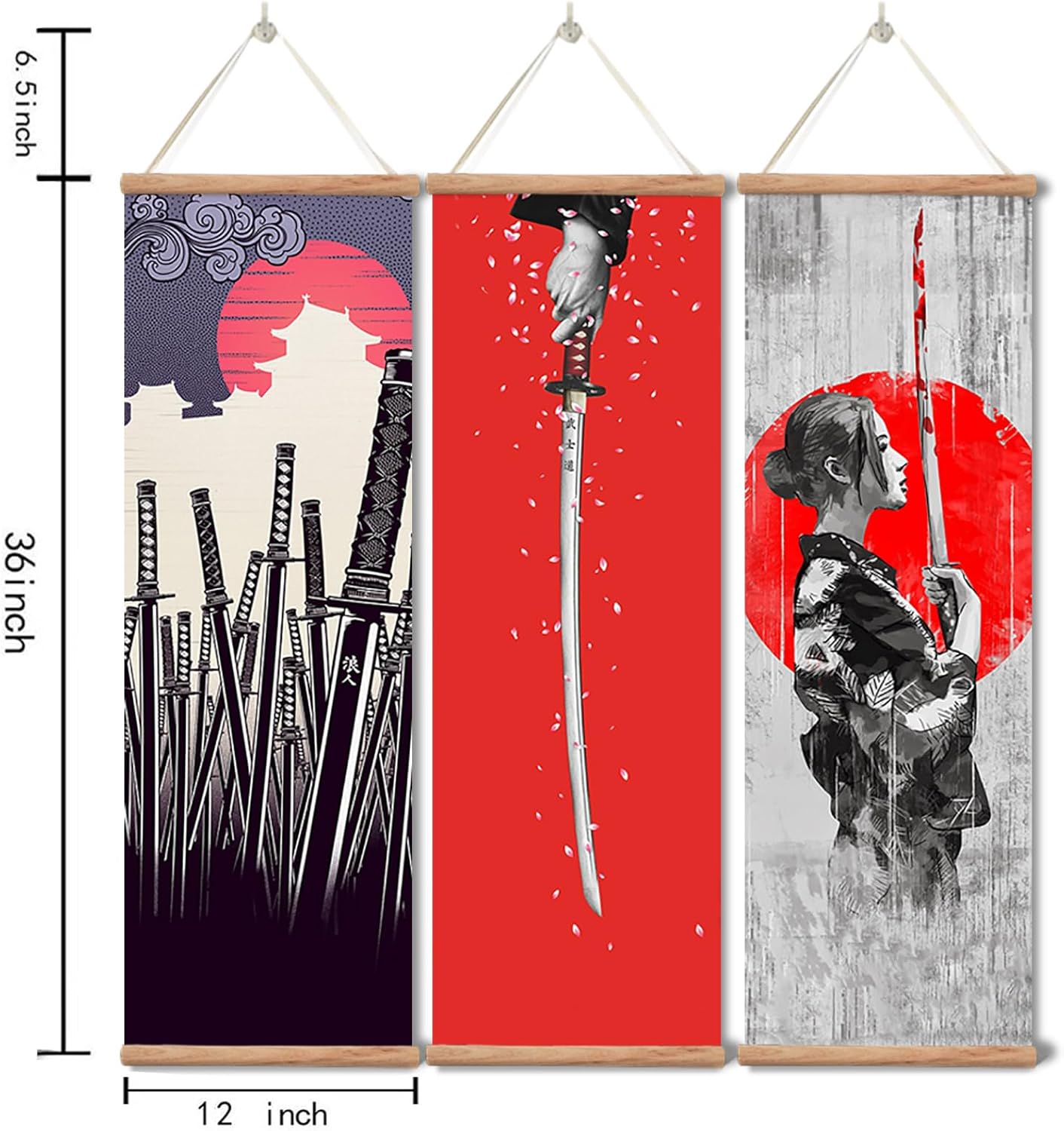 xinyuru Japanese Samurai Wall Art Poster, Bushido Decor and Prints, Scroll Painting Artwork for Living Room Bedroom,Wooden Framed Ready to Hang (Bushido 01, 12”x36”x3 Piece)