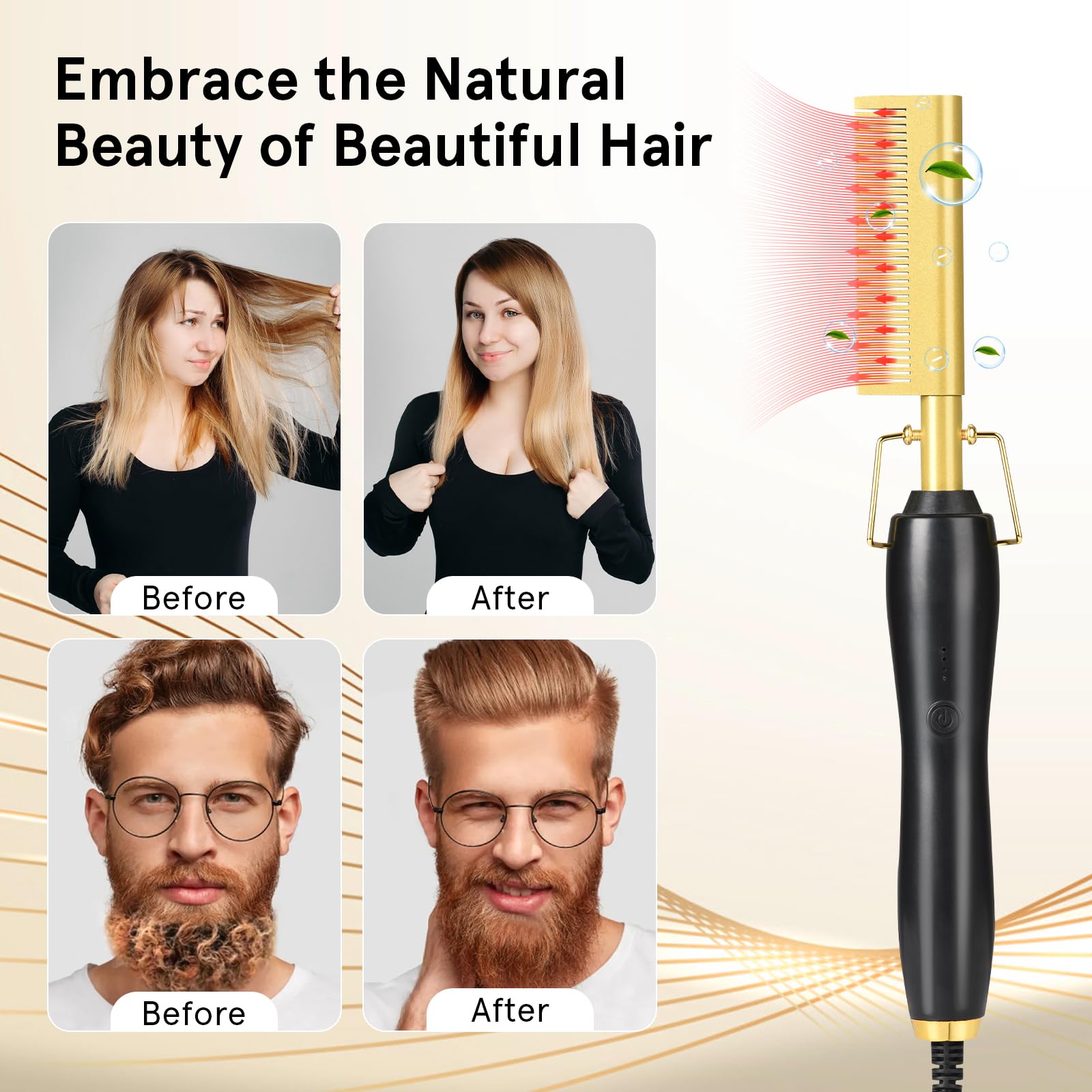 Electric Hot Comb Hair Straightener, Straightening Hot Comb for Wigs Afro Hair Beard, Portable Ceramic Beard Straightener Brush Anti-Scald Pressing Combs - Image 2