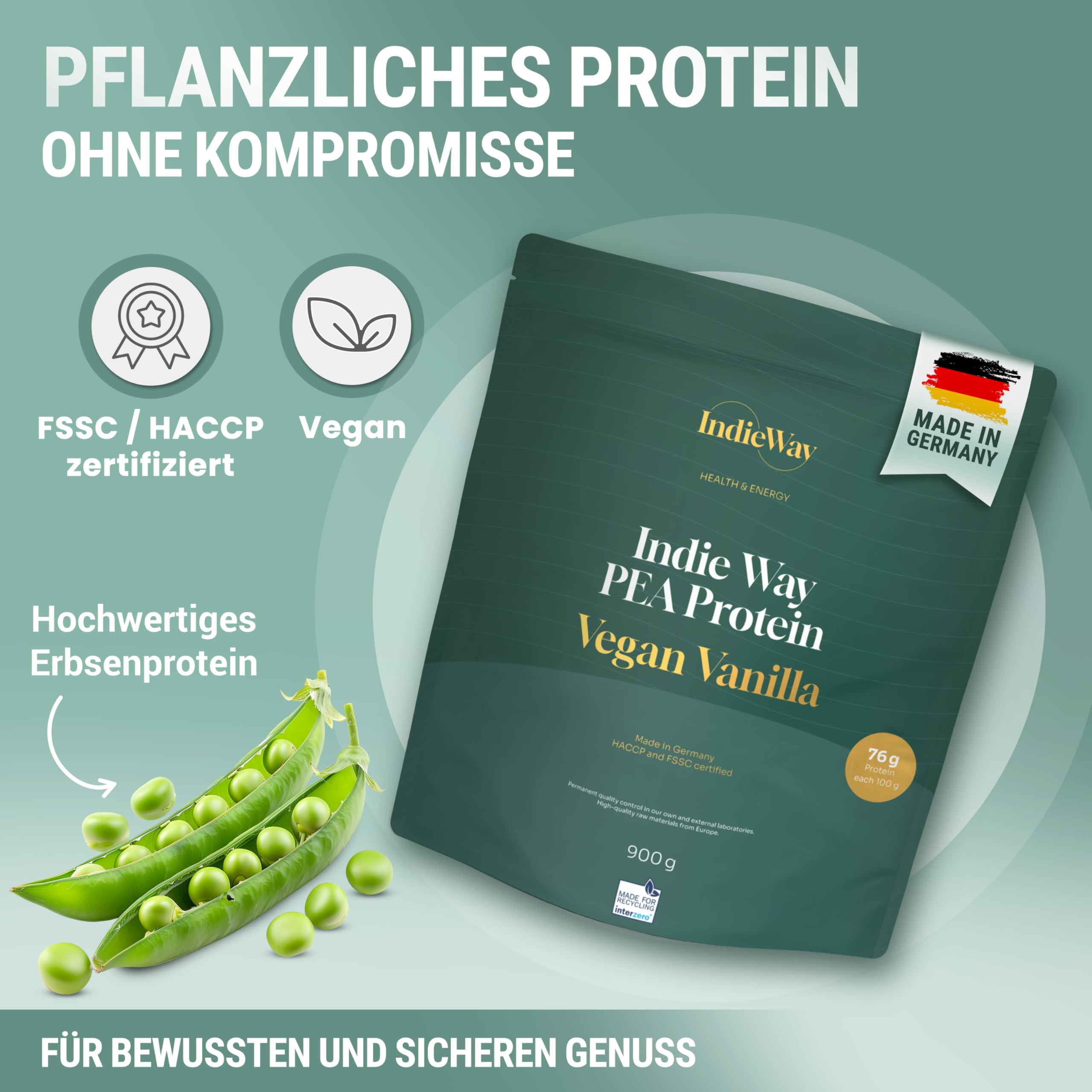 Erbsenprotein Vanilla 900 g - Veganes Protein-Pulver mit Vanille-Geschmack - 76 g Eiweiß auf 100 g - Eiweißpulver für Proteinshakes