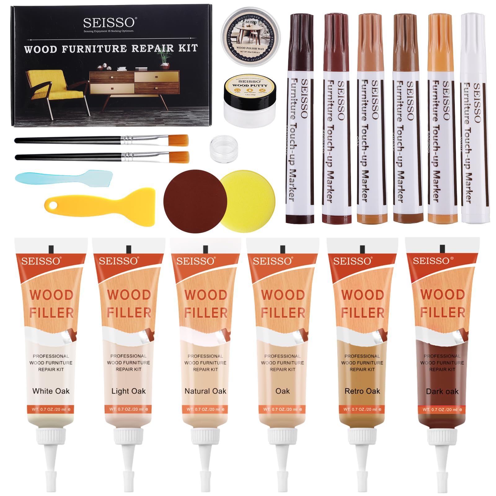 SEISSO Kit de réparation pour stratifié, Mastic pour bois, Kit de réparation pour parquet en bois, Kit de réparation pour meubles pour éraflures, fissures, taches, trous, couleurs passées, etc