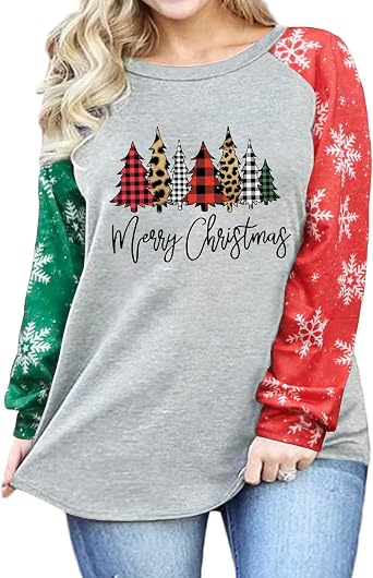 HDLTE Plus Size Merry Christmas Shirts Women Plaid Christmas Sweatshirt Long Sleeve Tee Tops