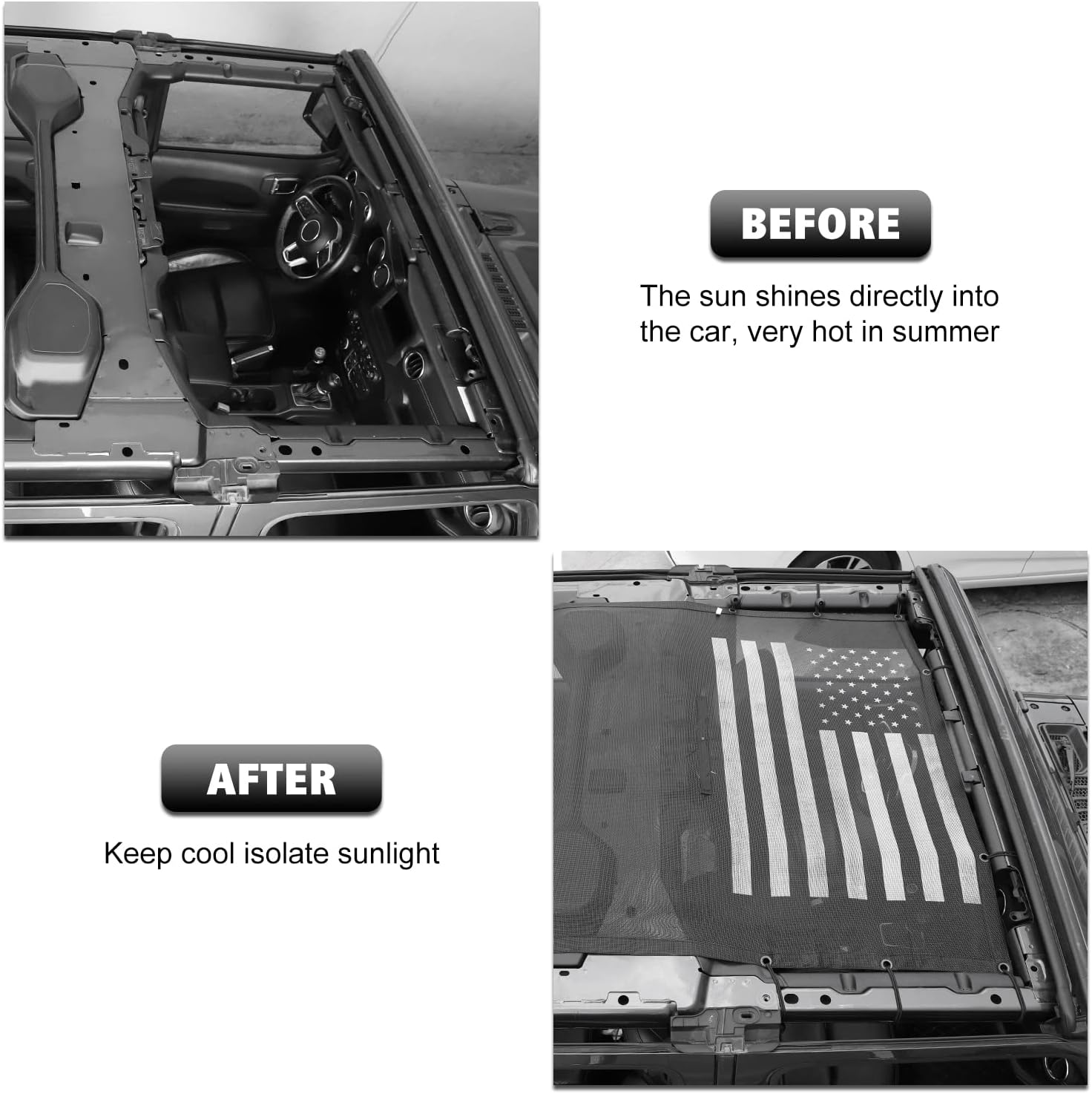Sunshade Mesh Shade Top Cover Provides Roof UV Sun Protection for Jeep Wrangler JLU & Gladiator JT 2018-2024 Rubicon Sahara Sport Sport-S 4-Door