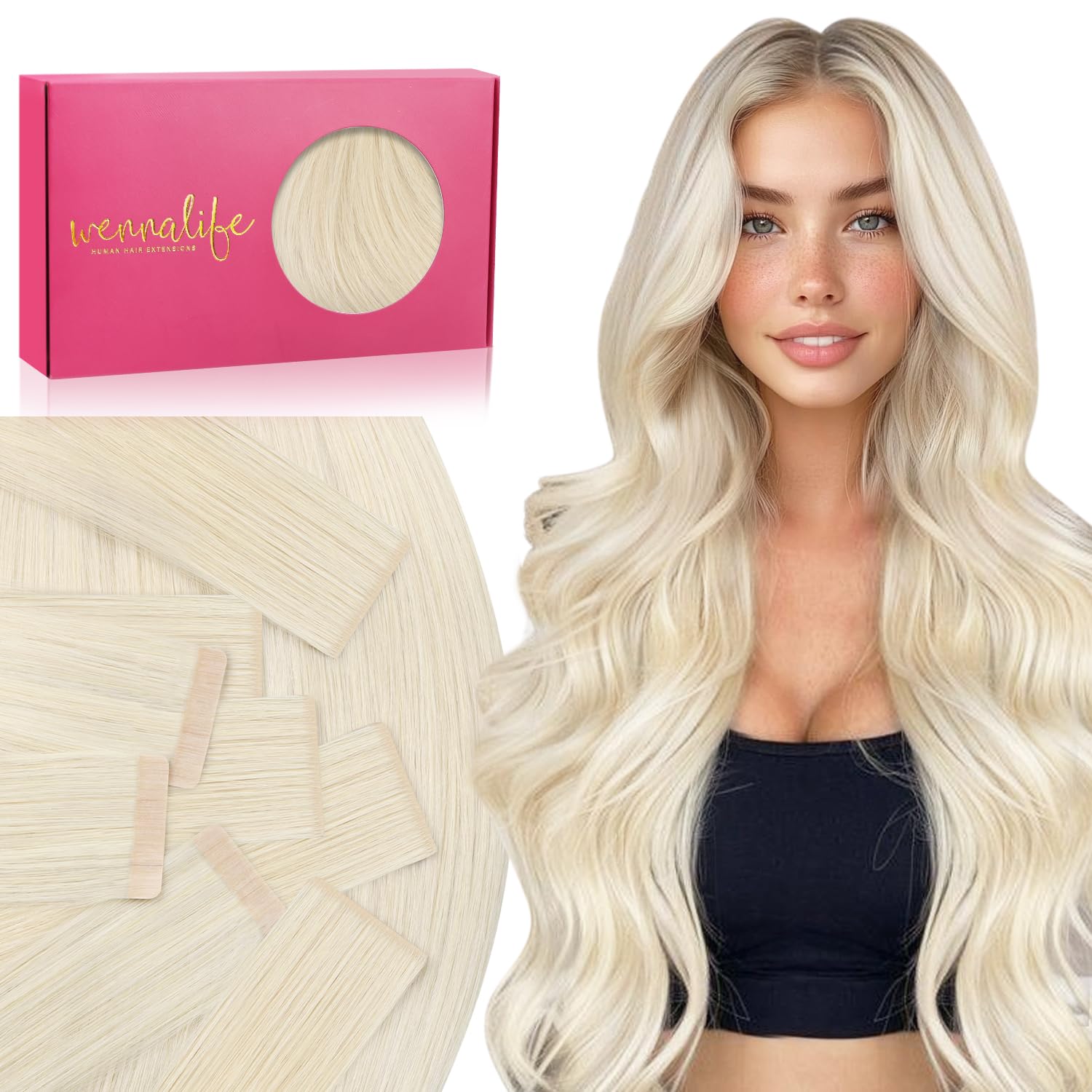 WENNALIFE Tape Extensions Echthaar, 25 to 65cm 10 to 40 Stück Invisible Tape in Extensions Echthaar, Haarverlängerung Echthaar, Remy Gerade Haarextension Echthaar