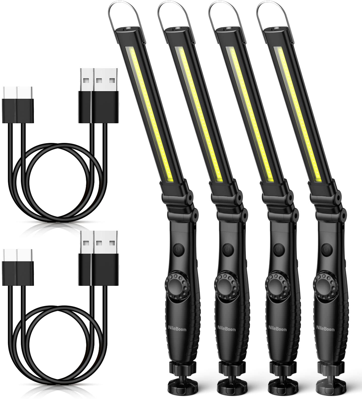 NileBoom LED Work Light，800 Lumens Foldable Rechargeable Cob Work Light with Magnetic Base& Hook, 360°Swivel Flashlight, USB Cable for Car Repair, Home, Garage, Emergency and Outdoor Camping (4 Pack)