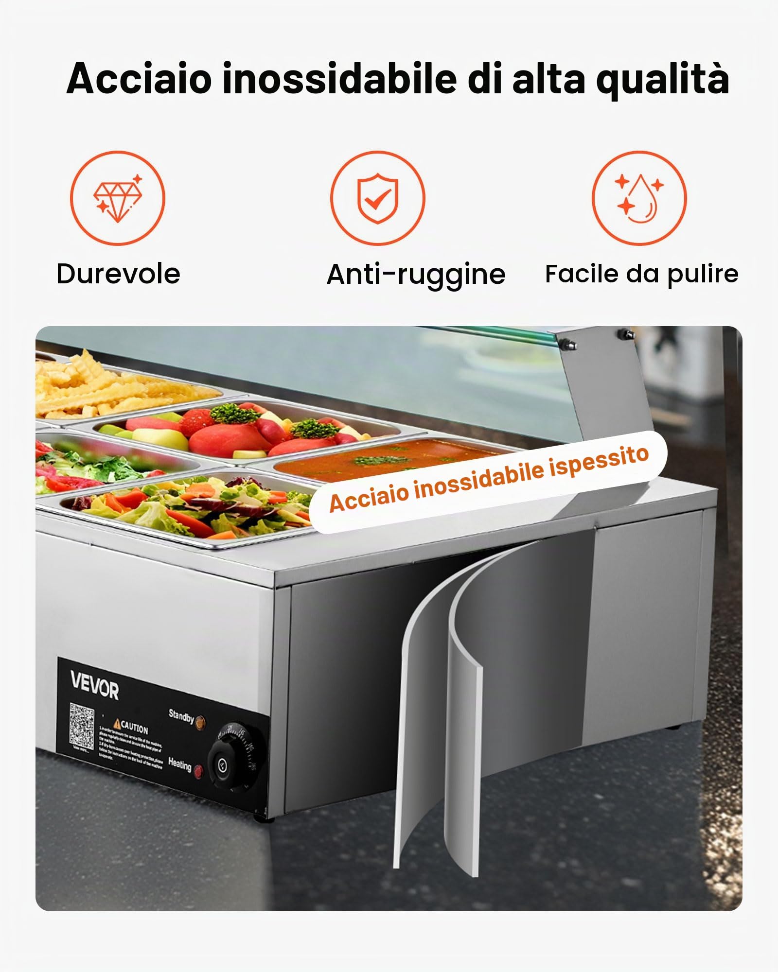 VEVOR Scaldavivande Commerciale, Scaldavivande Elettrico in Acciaio Inox da 1700 W con Coperchio in Vetro, Bagnomaria da Banco a 10 Teglie, con Mestoli per Zuppa e Forati, per Ristoranti