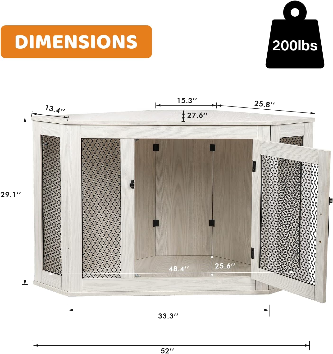 LEMBERI 52 Inch Corner Dog Crate Furniture, Wooden Dog Kennel End Table, Decorative Pet Crate Indoor Use, Furniture Style Dog House for Small/Medium/Large Dog, Dog Cage TV Stand (Ivory White, 52 inch)