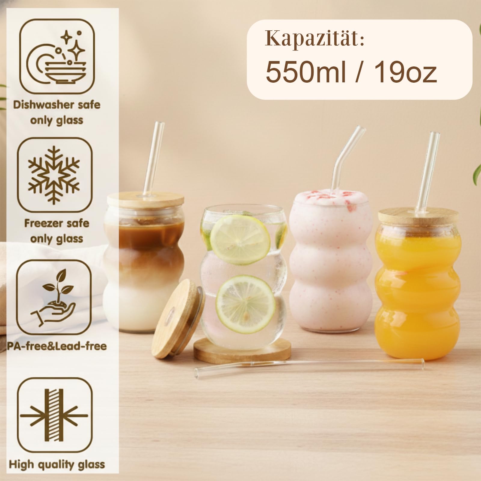VITEVER Latte Macchiato Set di 4 bicchieri da caffè con coperchio, lavabili in lavastoviglie, bicchieri da 550 ml, bicchieri da long drink, bicchieri da cocktail, spazzola e cannuccia