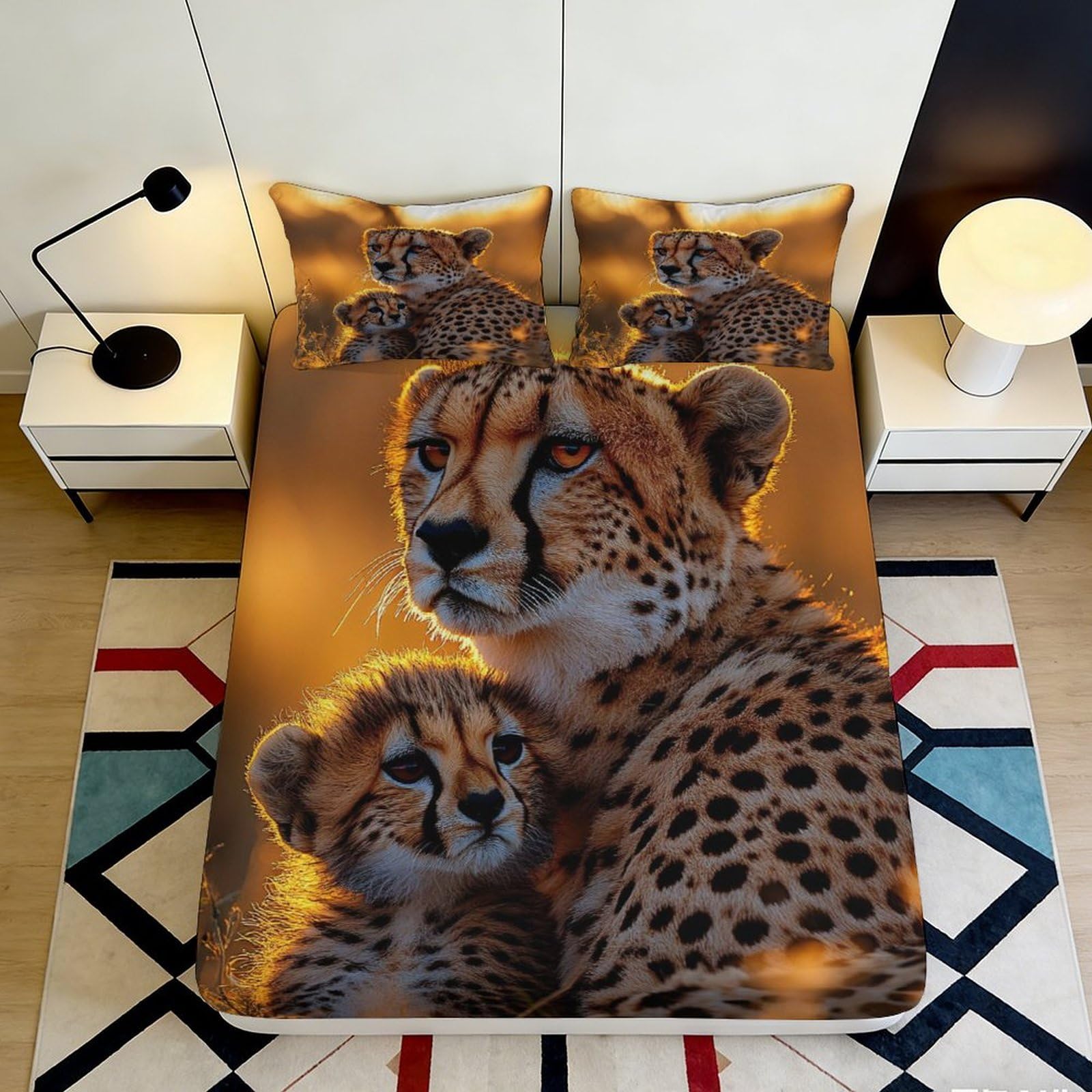 3D Printed Cheetah Animal Fitted Sheet Microfiber Soft Durable Sunset Bedroom Bed Cover for Mattress Protection Home Dorm Guest Room 200x200x25cm