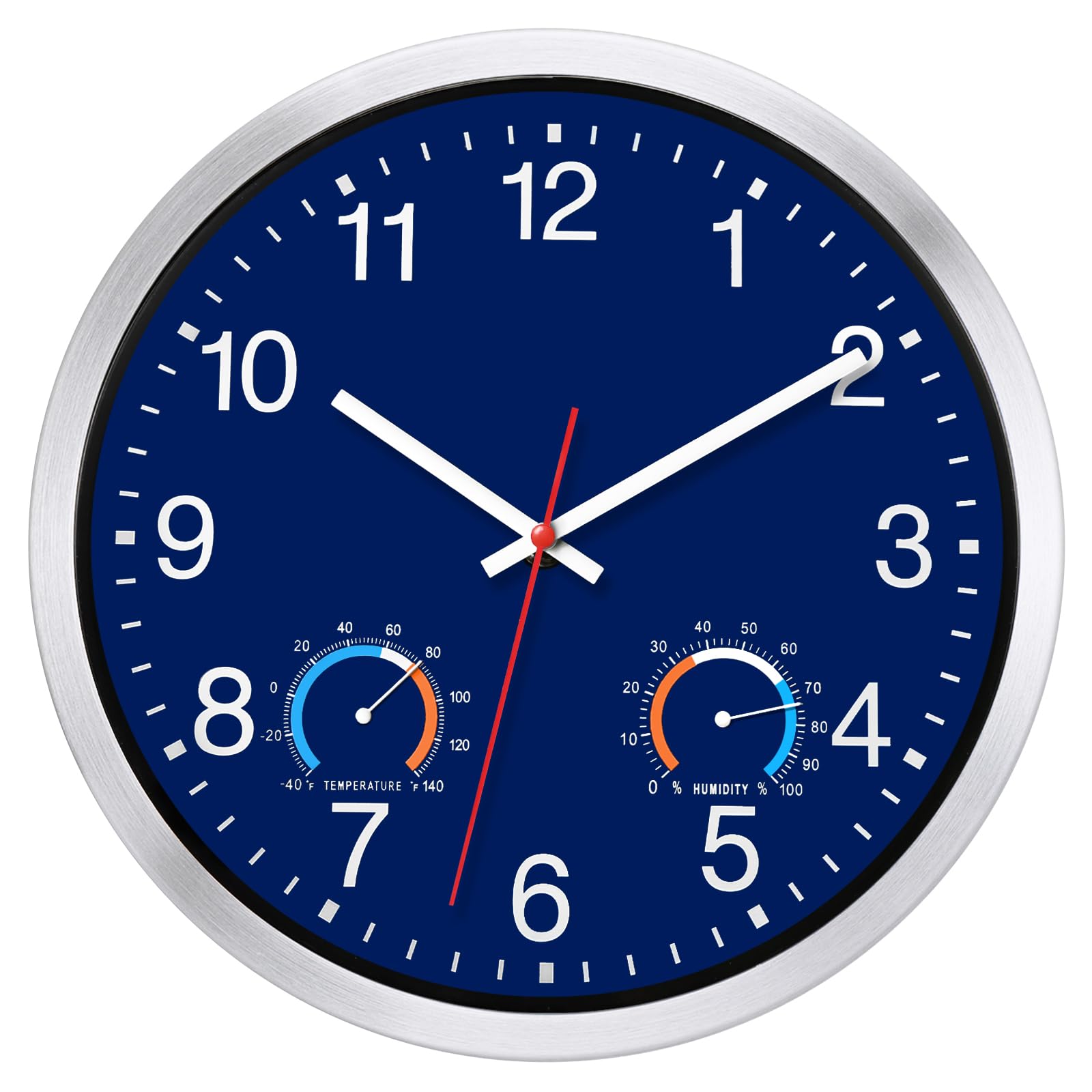 Caysie Orologio da parete al quarzo da 30,5 cm, impermeabile, con termometro e igrometro, funzionamento a batteria, silenzioso, per patio, piscina, bagno, casa (blu navy)