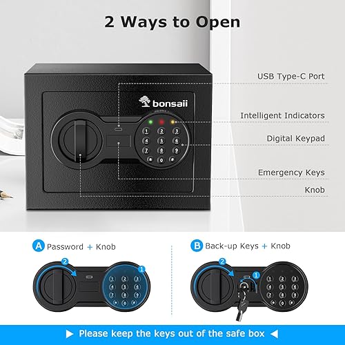 Miniatura 4 de Bonsaii Caja de seguridad con teclado electrónico, caja de seguridad de acero con llave, 0.23 pies cúbicos, 9.06 pulgadas de ancho x 6.69 pulgadas