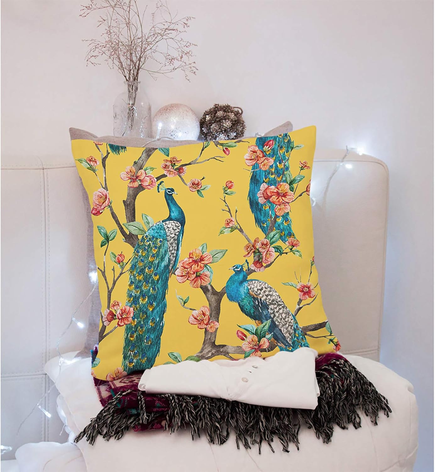Throw Pillow Covers Vintage Watercolor with Peacock On Tree Cherry Flowering Trees with Flowers Yellow Colorful Bird Linen Decorative Square Pillowcases Cushion Cover 18 X 18 Inch - Image 3