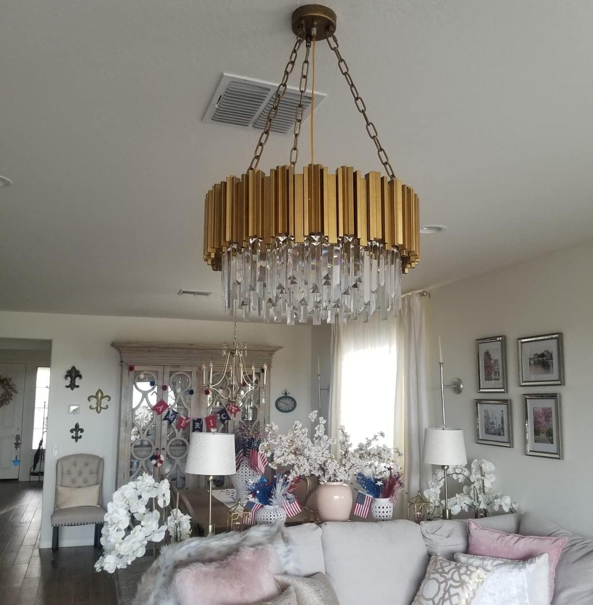 Modern Round Crystal Chandelier Lights Luxury Pendant Ceiling Light Contemporary Raindrop Chandeliers Lighting Fixture for Dining Living Room Kitchen Island Bedroom Foyer Hallway (Antique Gold)