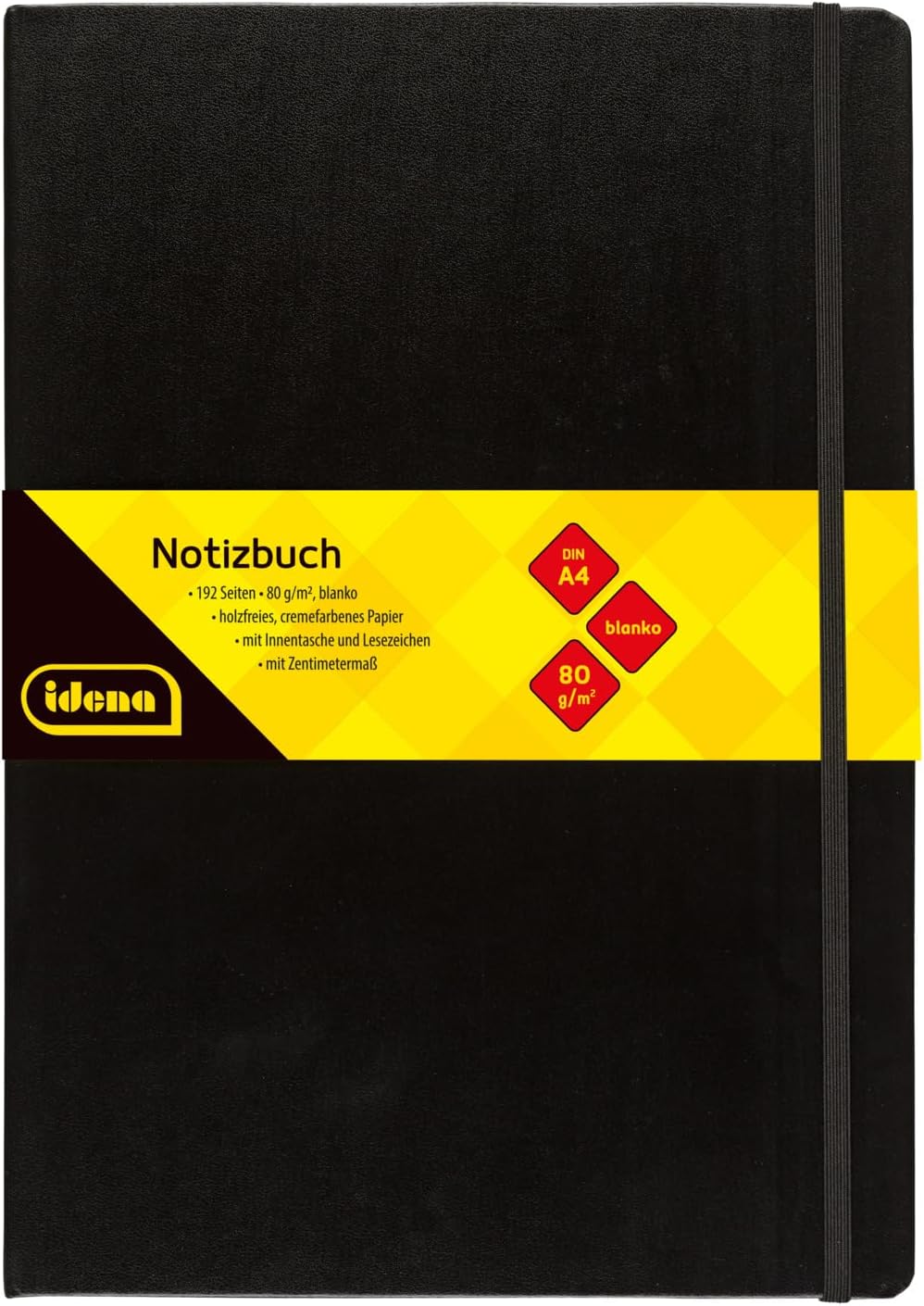 Idena 10053 Notebook DIN A4, Blank, Cream Paper, 192 Pages, 80 g/m², Hard Cover in Black, Pack of 1