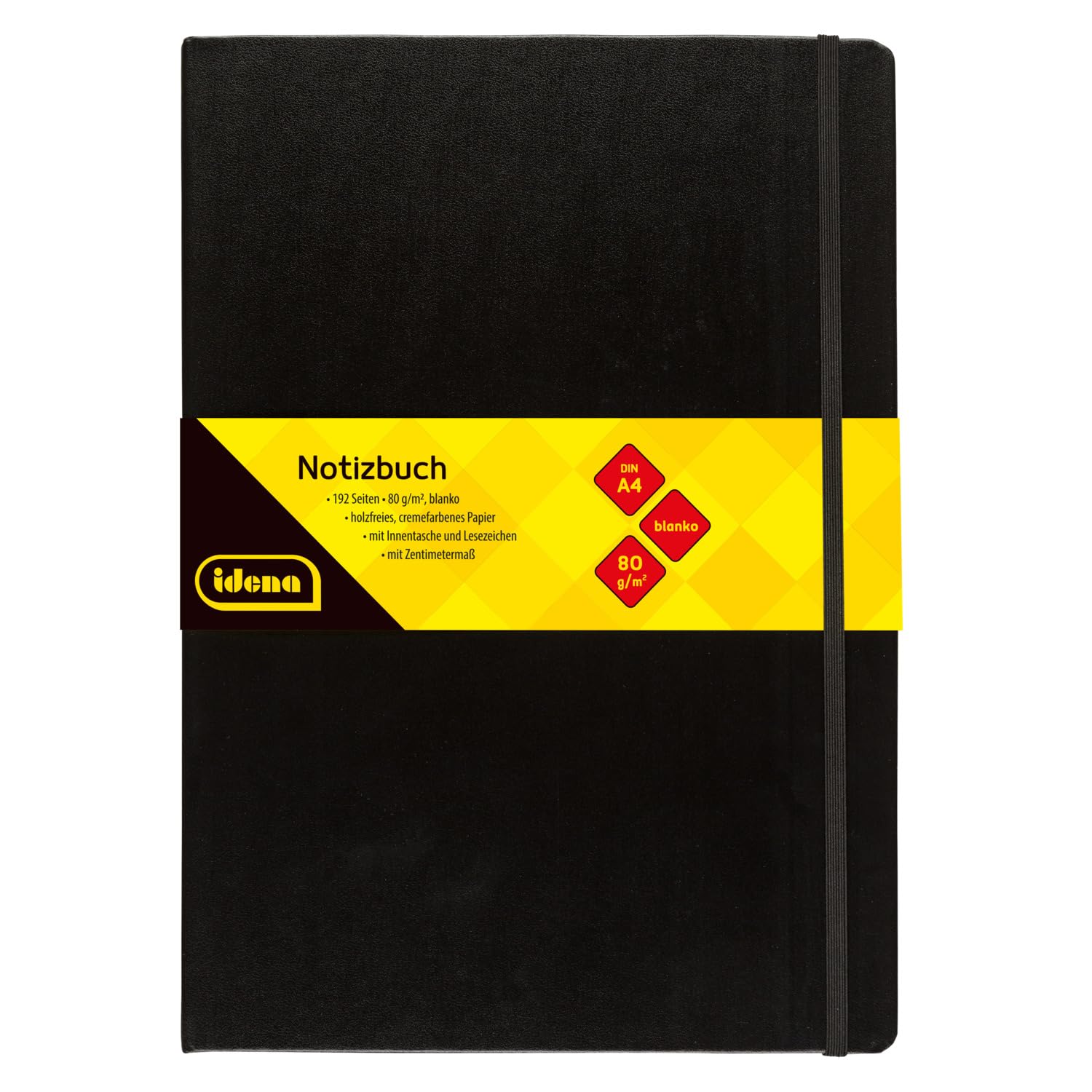 Idena 10053 Notebook DIN A4, Blank, Cream Paper, 192 Pages, 80 g/m², Hard Cover in Black, Pack of 1