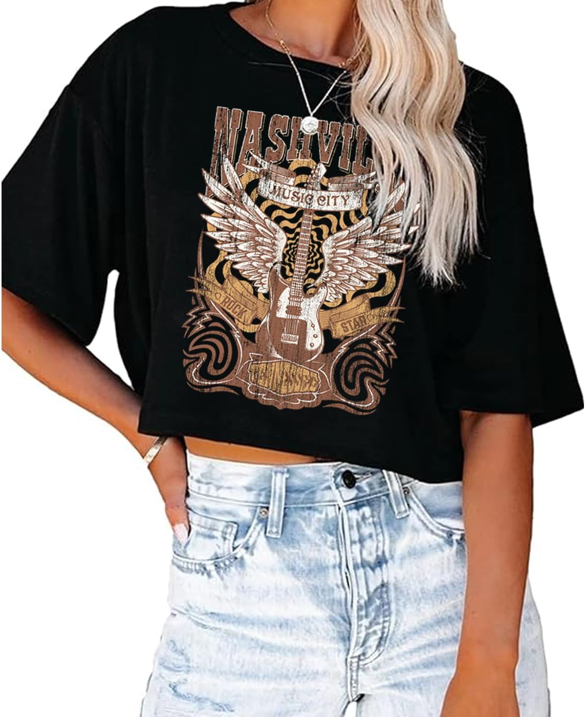 Nashville Music City T-Shirt Women Country Music Crop Tops Rock Band Tshirt Vintage Guitar Wings Graphic Tees - Image 4