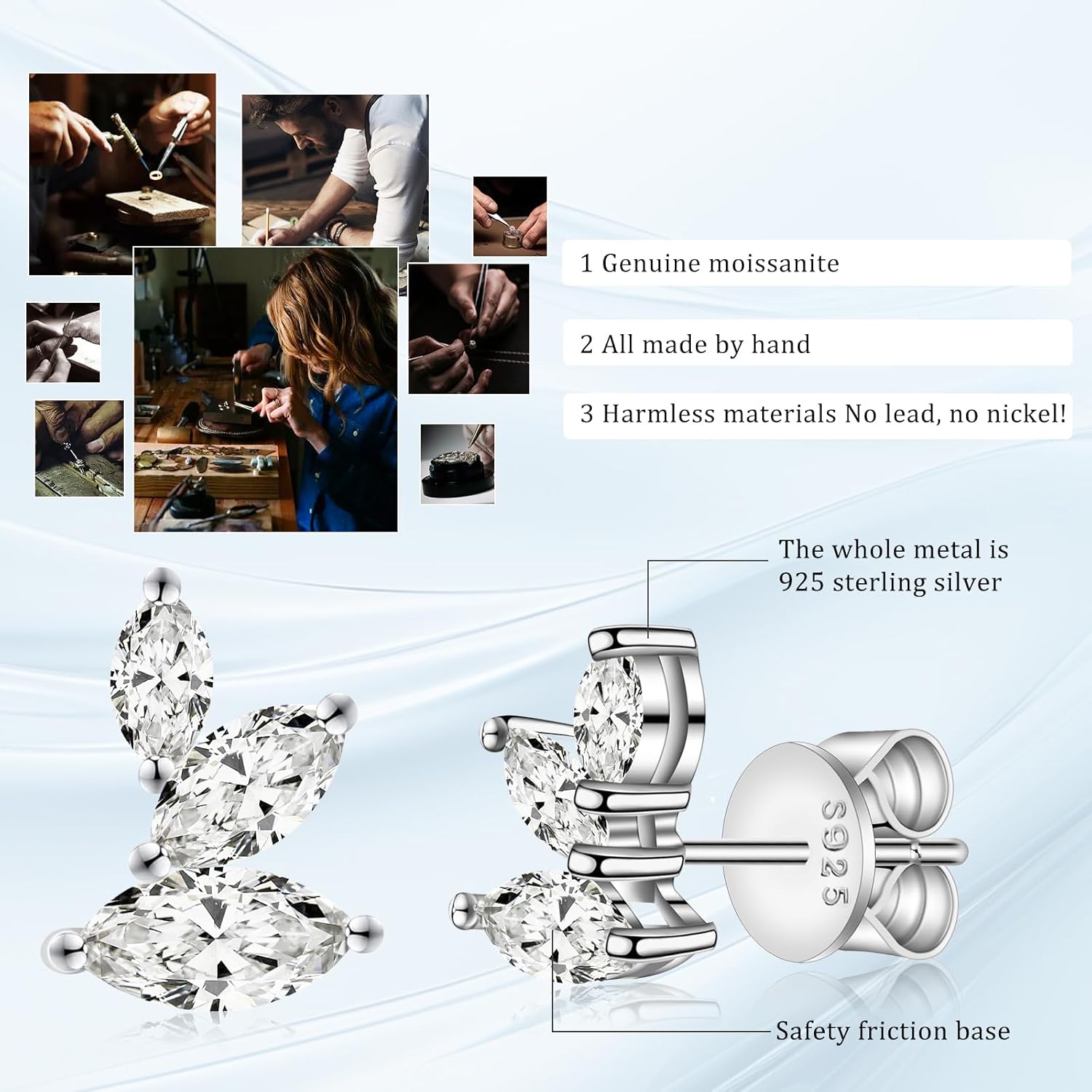 Marquise Moissanite Earrings Angel Wing Studs D Color VVS1 Clear Moissanite Earrings 18K Gold Plated S925 Sterling Silver Friction Back Stud Earrings for Women - Image 3