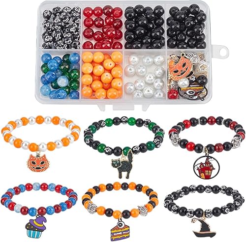 SUNNYCLUE 1 caja de 6 juegos de pulseras de Halloween, cuentas de Halloween, sombrero de bruja mágica, abalorios de calabaza para kits de