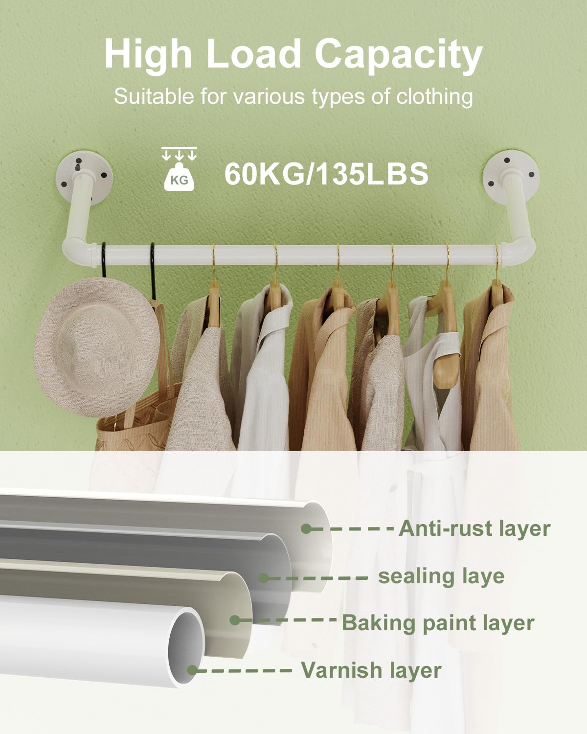 Industrierohr Kleiderstange, 54 cm Kleiderständer für die Wand, Kleidergestell Garderobenhalter, Garderobenstange Wandmontage, DIY Garderoben System, Creme, SG54W-1