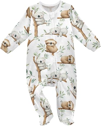 Dussdil Sloth Koala Baby One-Piece Footies Tropical Leaves Newborn Rompers Pajamas Cotton Footed Pjs for Sleep Play Boys Girls 9M