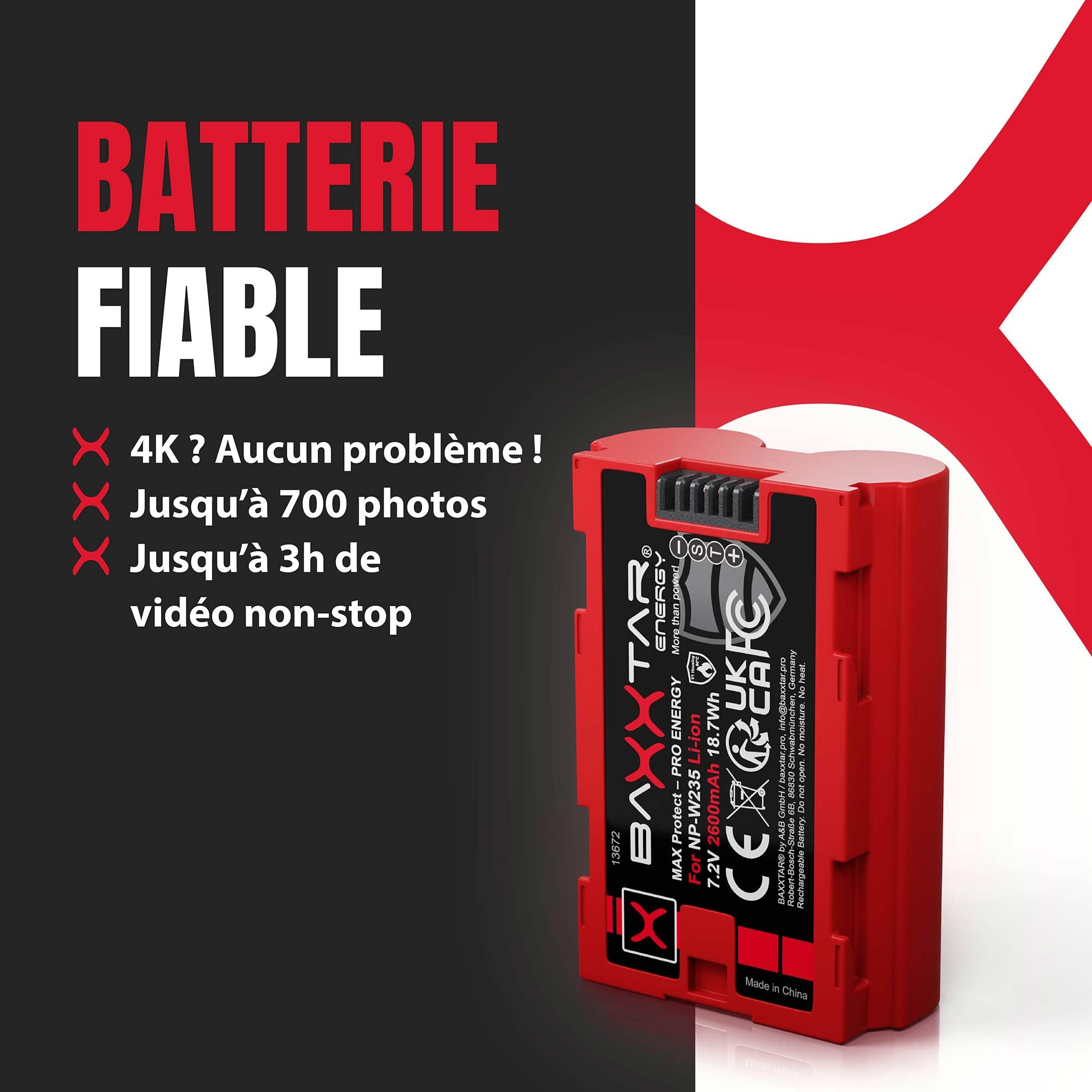 Baxxtar 2X MaxProtect Batterie NP-W235 2600mAh Remplacement pour Fuji NPW235 NP W235 avec capteur NTC et boîtier V1 Compatible avec Fujifilm GFX-50s II GFX-100S GFX-100 II X-H2 X-H2S X-S20 X-T4 X-T5