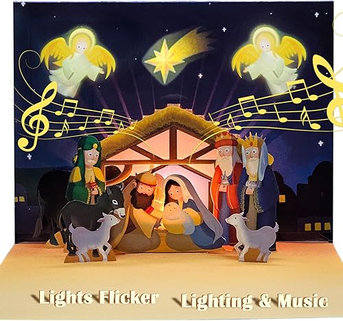 DTESL Tarjeta de Navidad religiosa desplegable con luz y música, tarjeta de felicitación abierta Reproduce instantáneamente la canción clásica Joy
