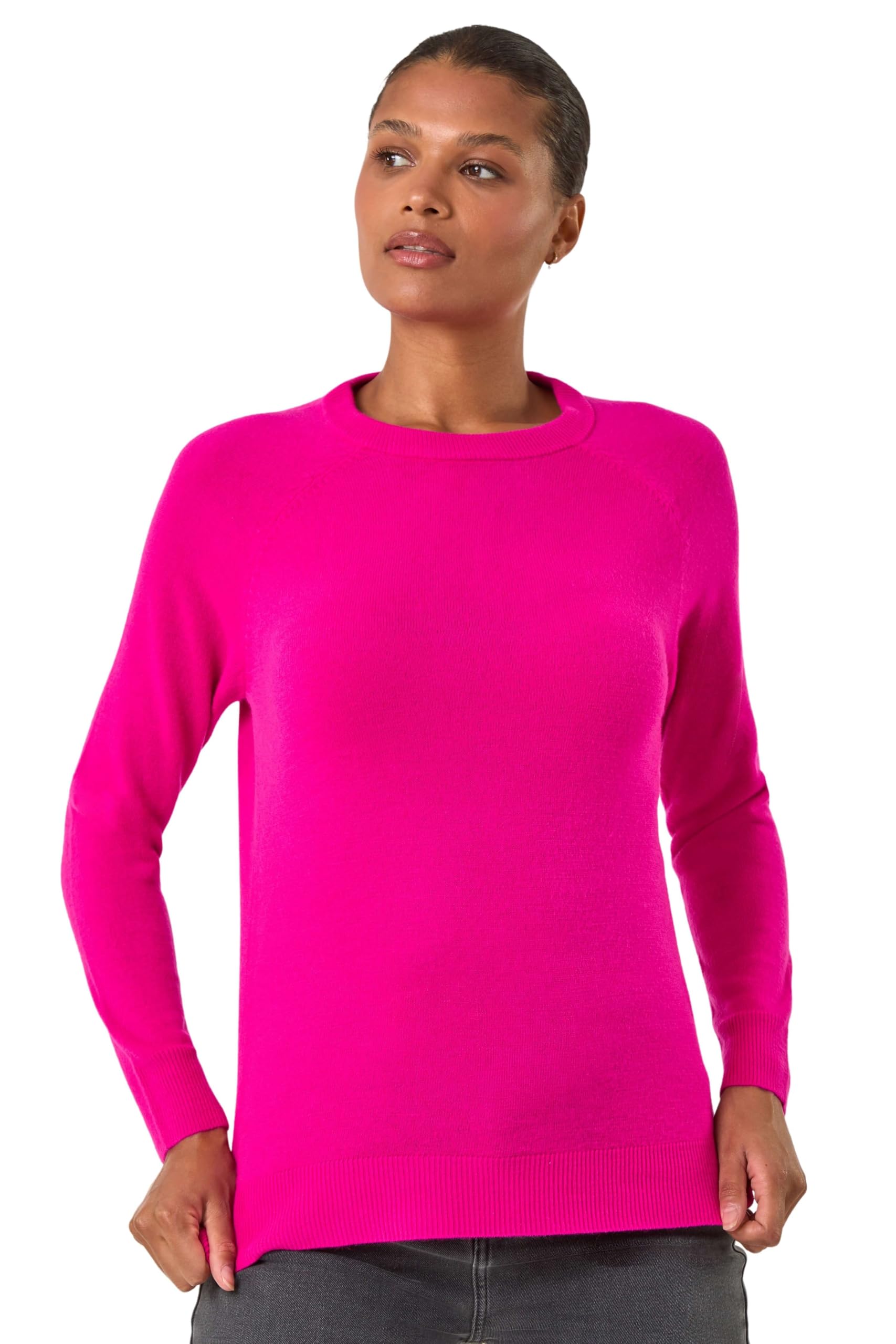 Roman Originals Soft Jumper for Women UK Ladies Winter Autumn Sweater Knit Knitwear Round Crew Neck Top Plain Lightweight Comfy Long Sleeve Split Hem Everyday Daywear - Cerise - Size 18