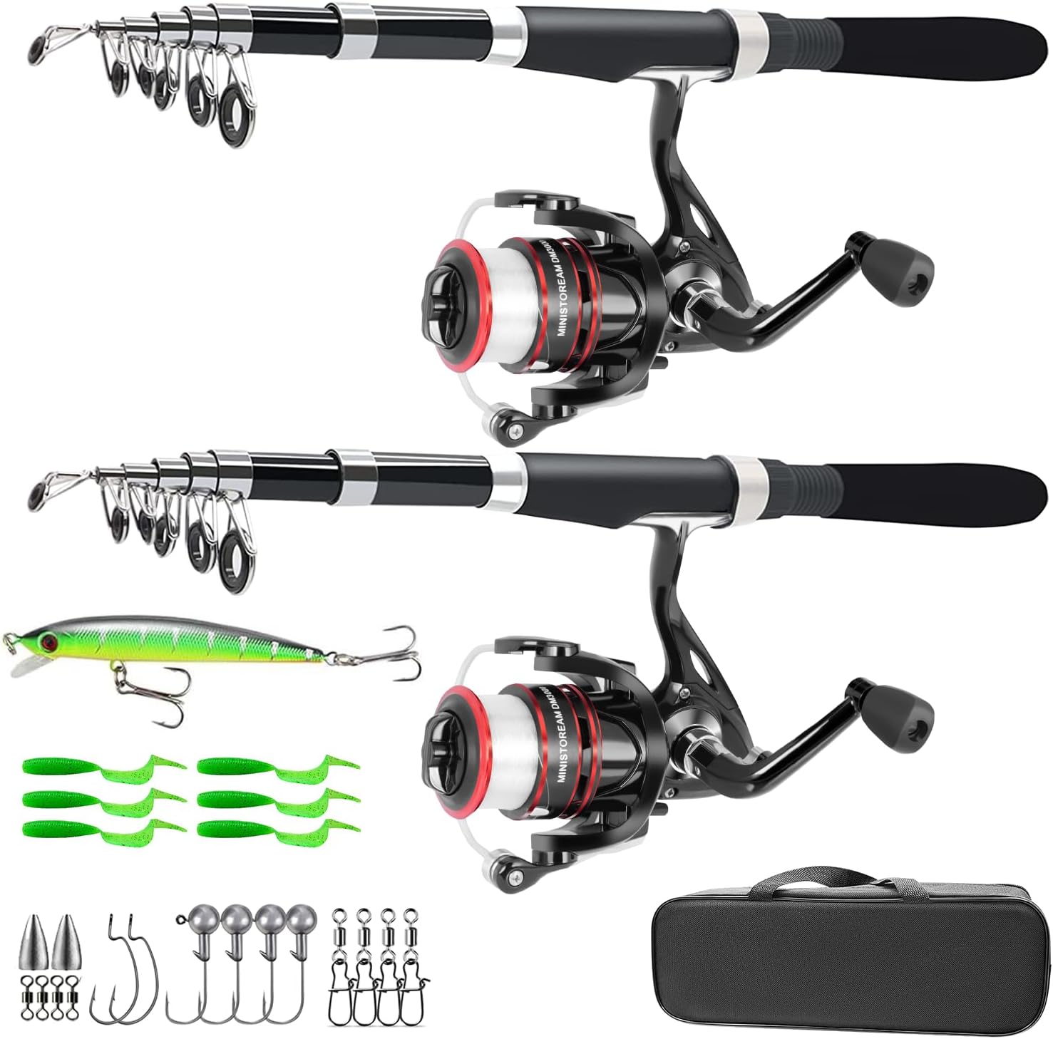 Fishing Pole Combo Set, 2.1m Collapsible Rods, Spinning Reels, Lures, Carrier Bag, Carbon Fiber Telescopic Kit