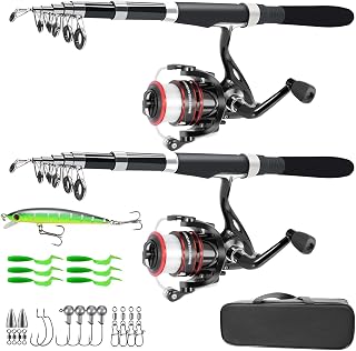 ministoream DM302 Carbon Fiber Telescopic Fishing Rod Reel Combo - 2PCS 6.9ft Collapsible Rods, Spinning Reels, Lures & Bag Kit