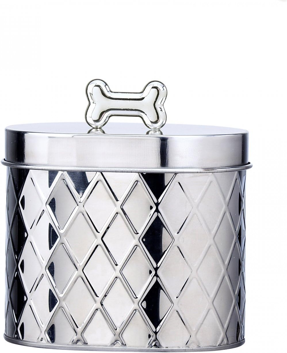 Amici Pet, , Chance Oval Metal Treats Storage Canister, Stainless Steel Diamond Texture, Silver Tone Bone Knob, Food Safe, 52 Ounces